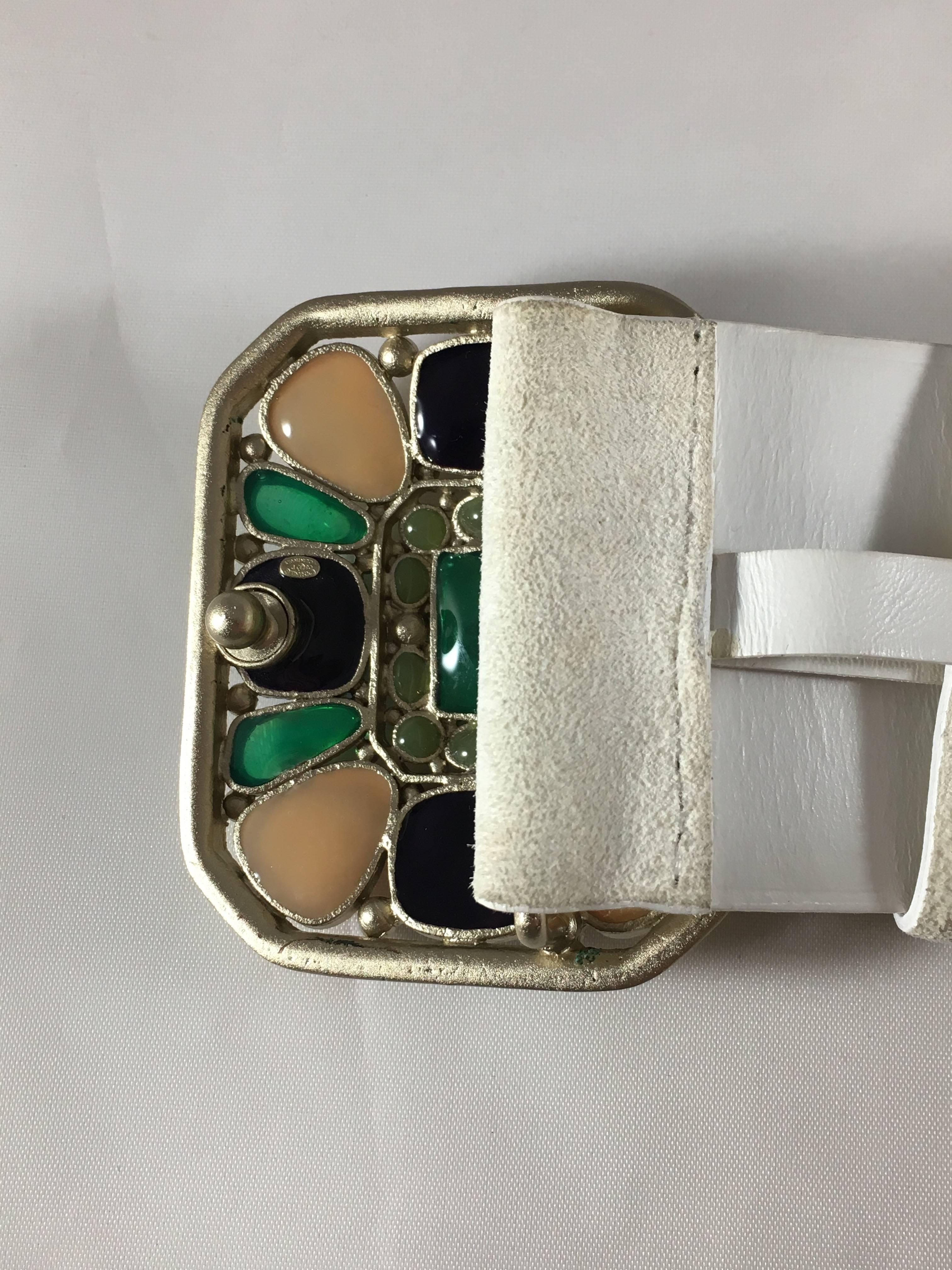 Chanel White Suede Belt With Purple Peach and Green Gripoix Jewel Buckle, Sz 38 2