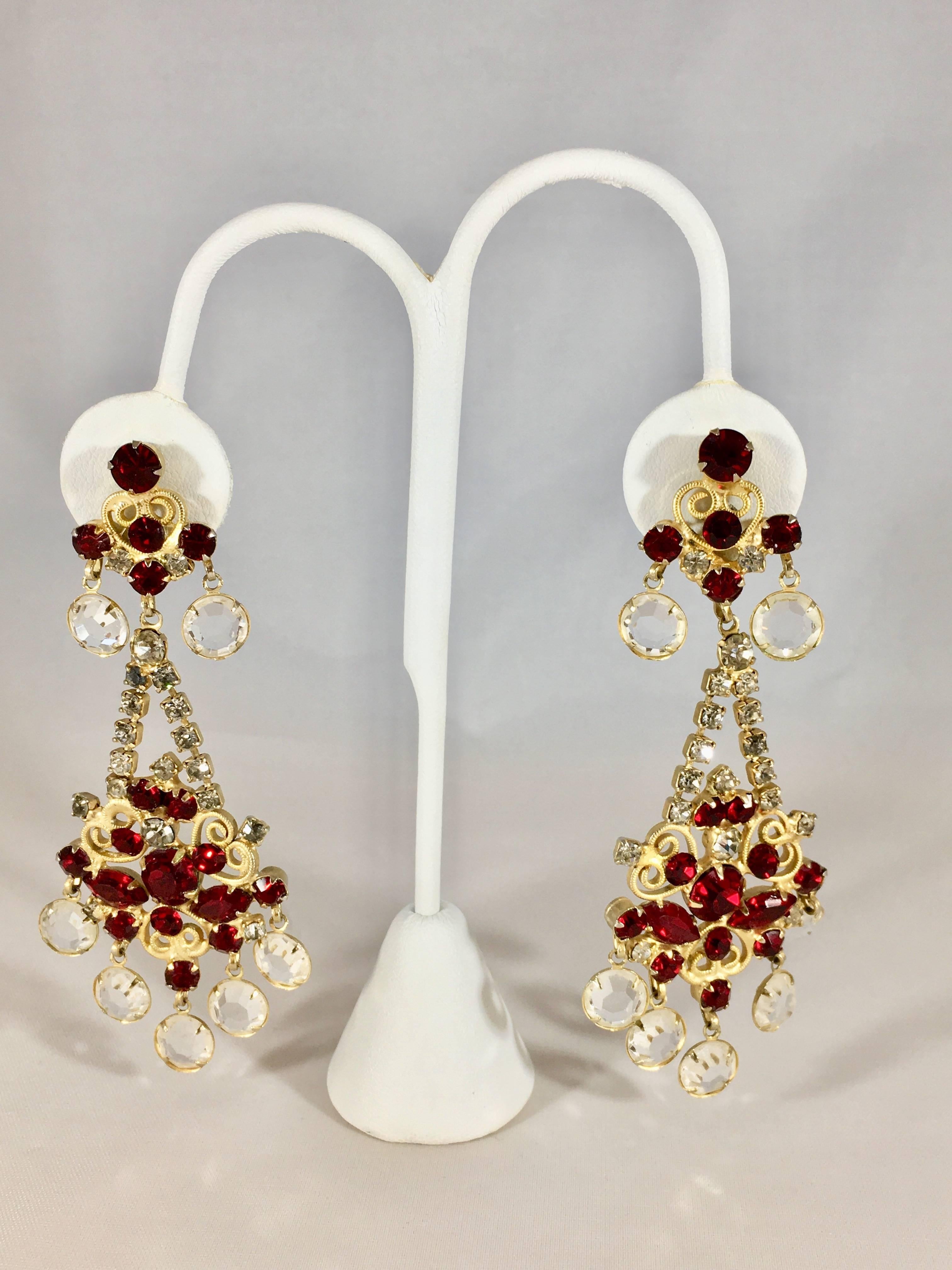 Kenneth Jay Lane Chandelier Earrings Red and Clear Crystals 1960s In Good Condition For Sale In Chicago, IL