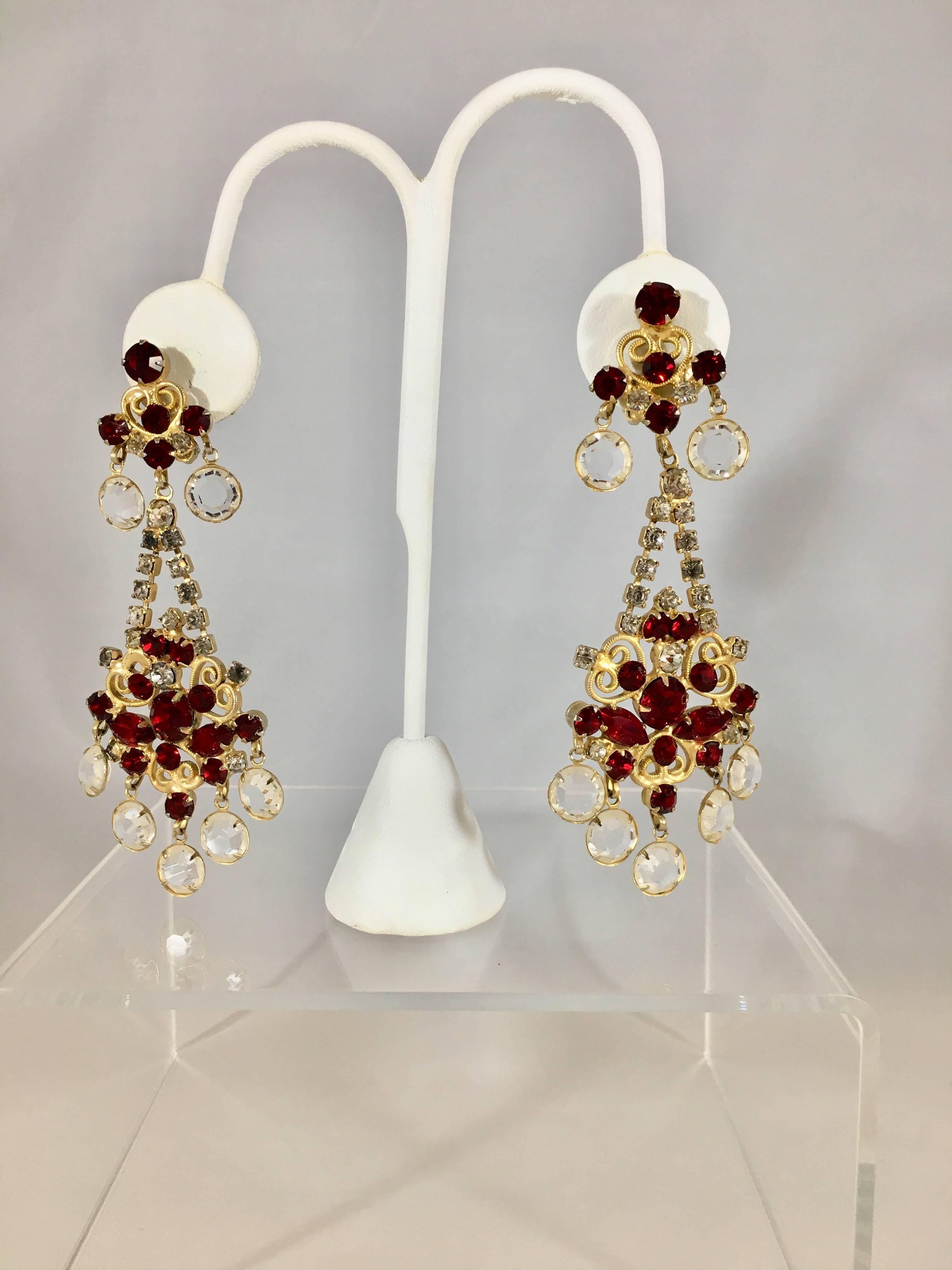 Women's Kenneth Jay Lane Chandelier Earrings Red and Clear Crystals 1960s For Sale