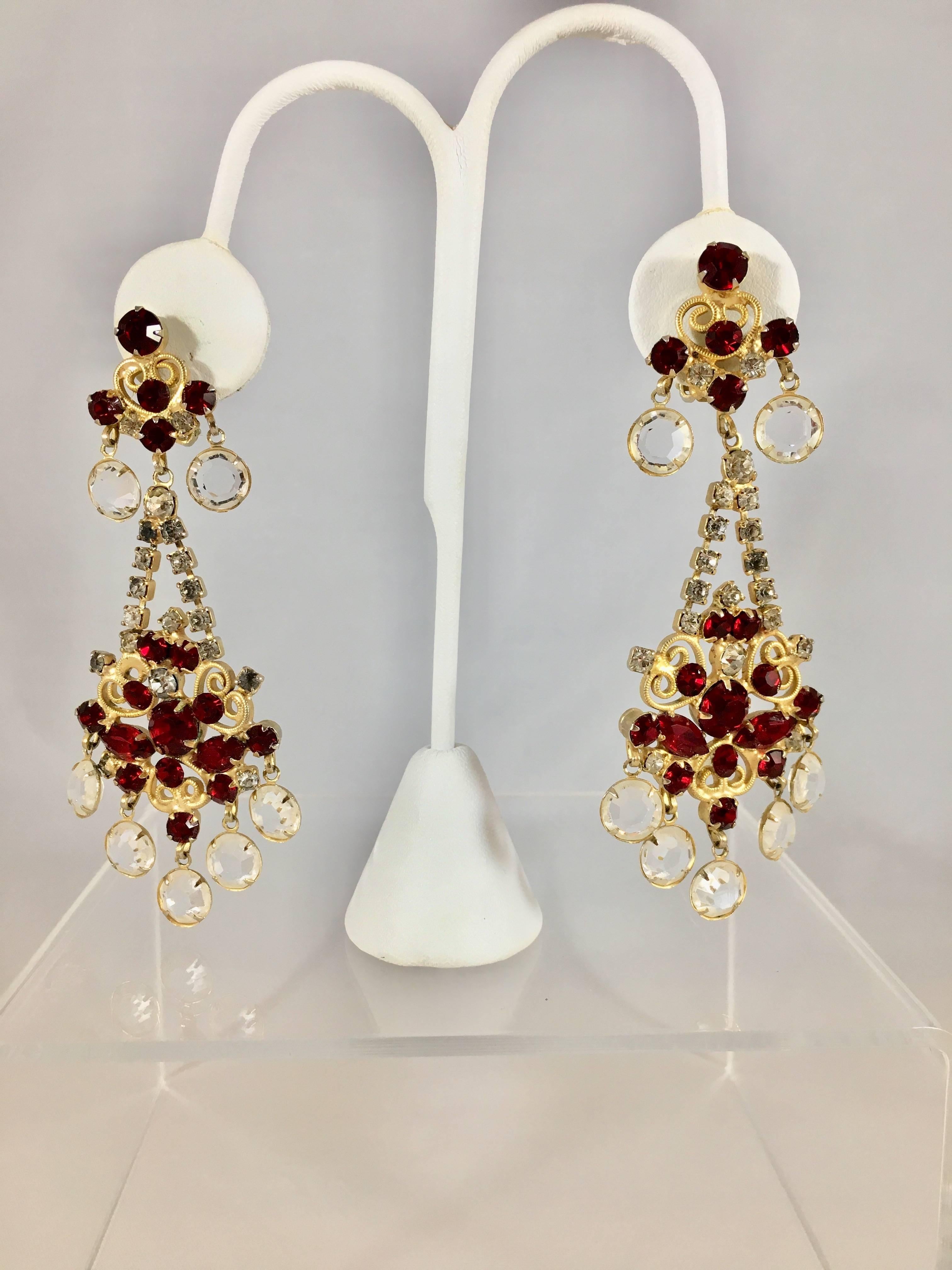 Kenneth Jay Lane Chandelier Earrings Red and Clear Crystals 1960s For Sale 1
