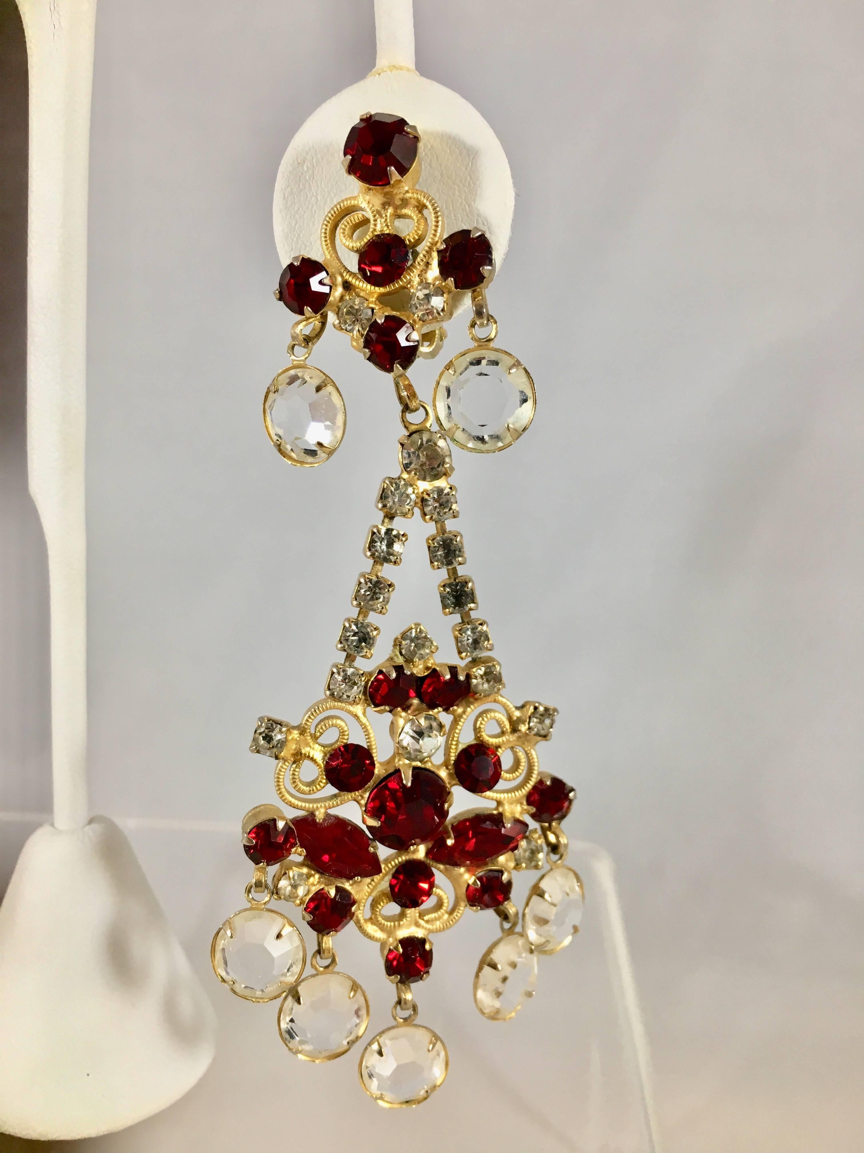 Kenneth Jay Lane Chandelier Earrings Red and Clear Crystals 1960s For Sale 2
