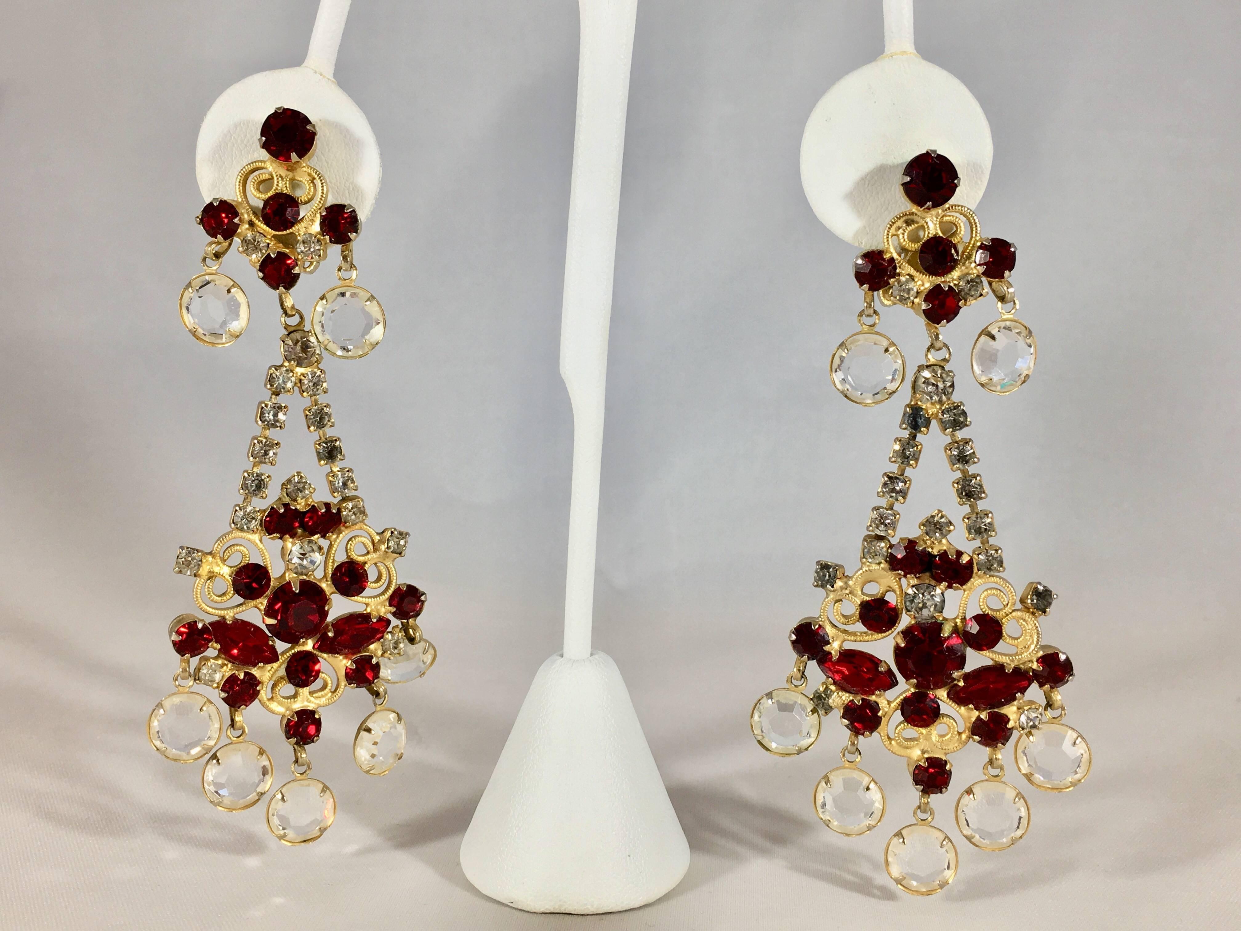Kenneth Jay Lane Chandelier Earrings Red and Clear Crystals 1960s For Sale 3
