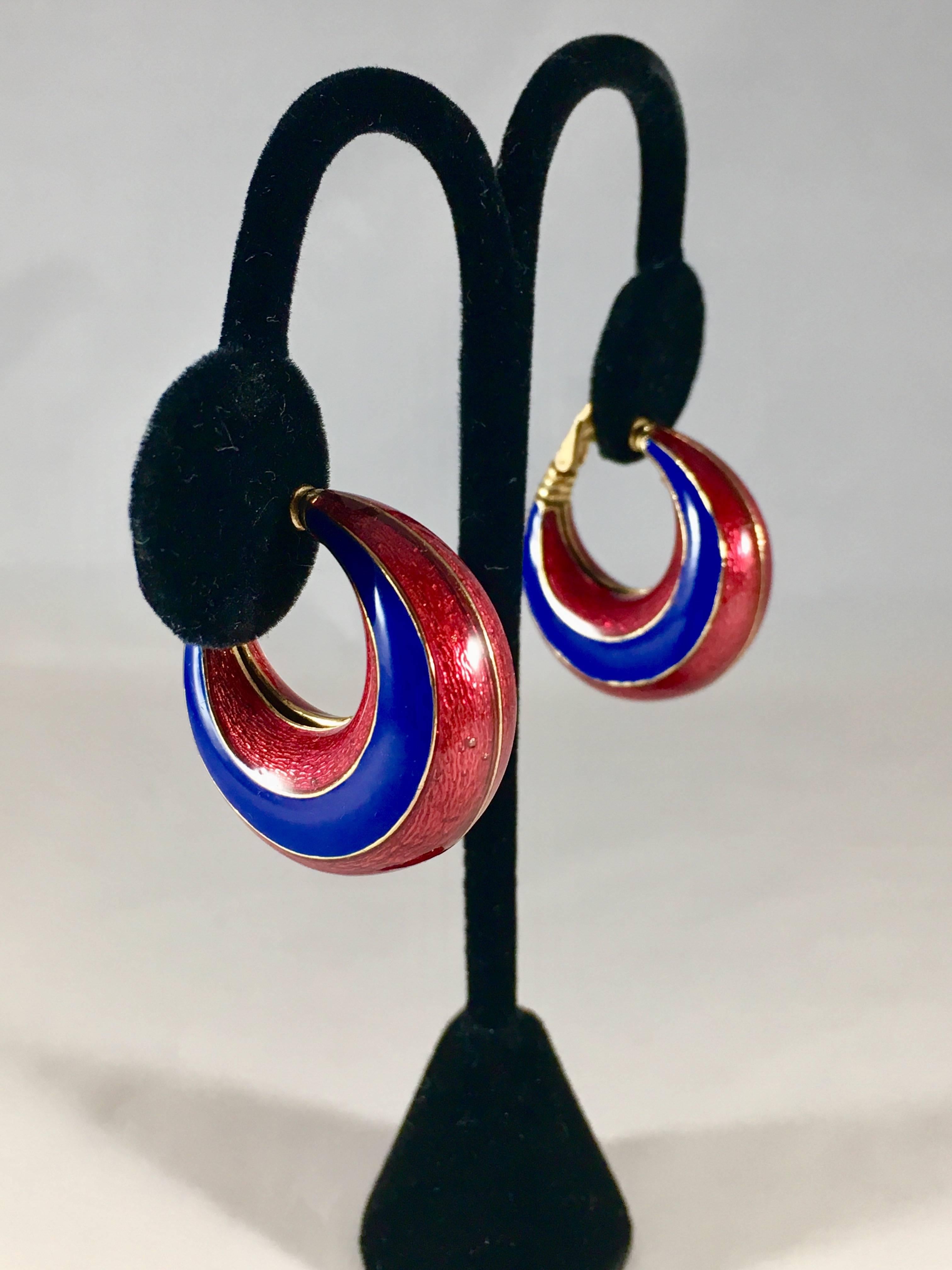 Women's Ciner Enamel Hoop Earrings Red and Blue from the 1960s For Sale