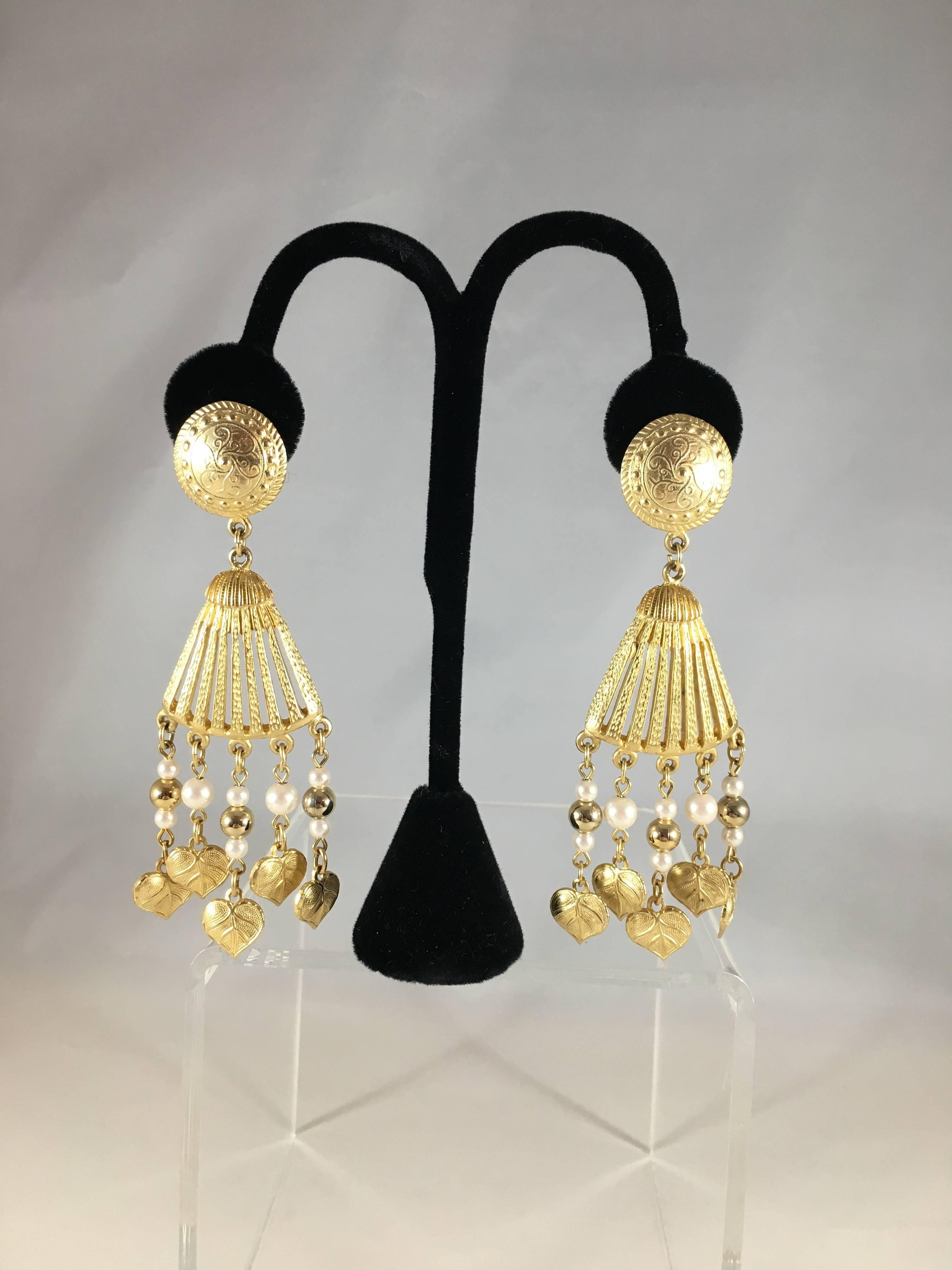 Women's Vintage Givenchy Gold Tone and Faux Pearl Dangle Earrings 1980s For Sale
