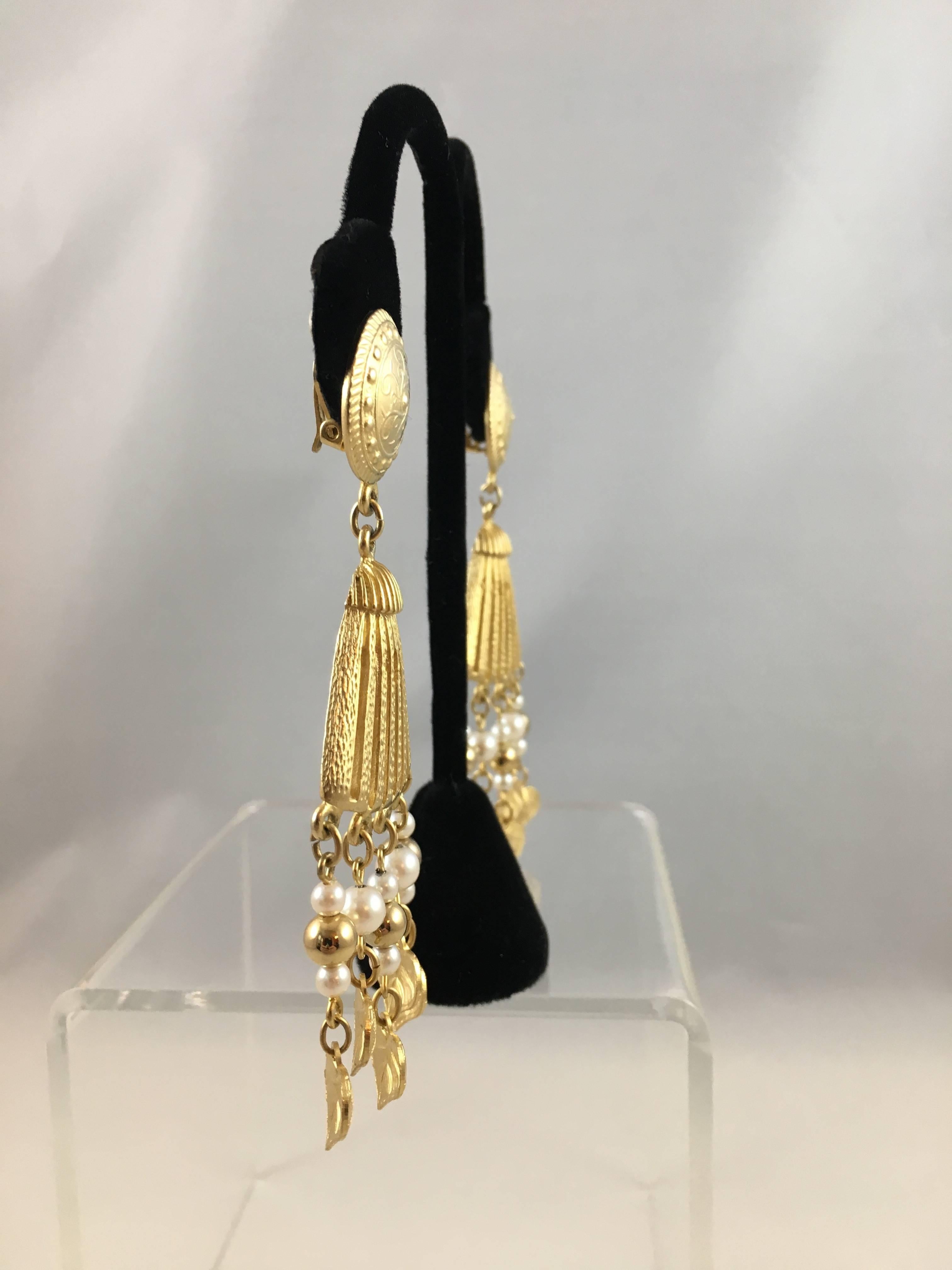 Vintage Givenchy Gold Tone and Faux Pearl Dangle Earrings 1980s For Sale 3