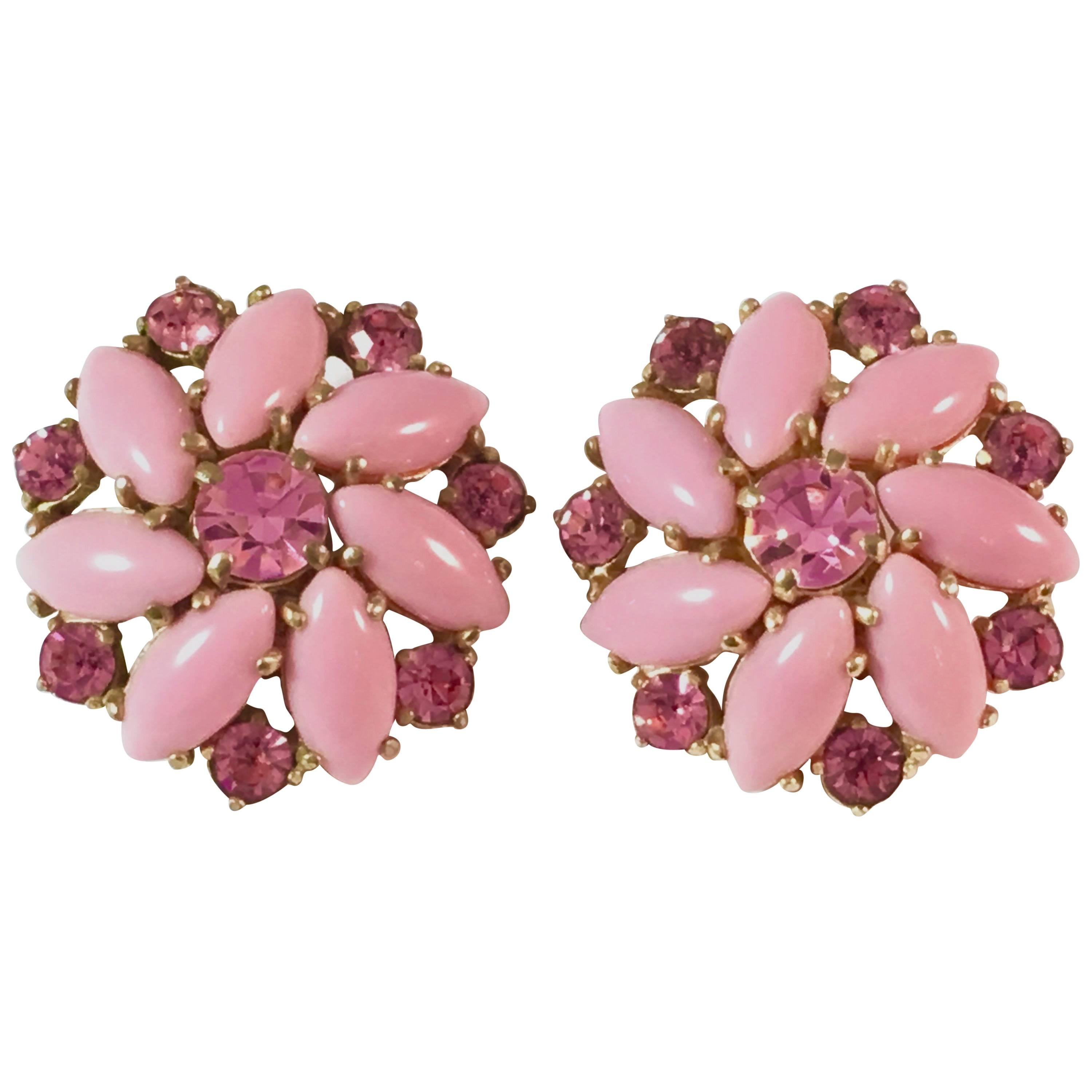 Schiaparelli Pink Flower Clip-On-Earrings, 1950s For Sale