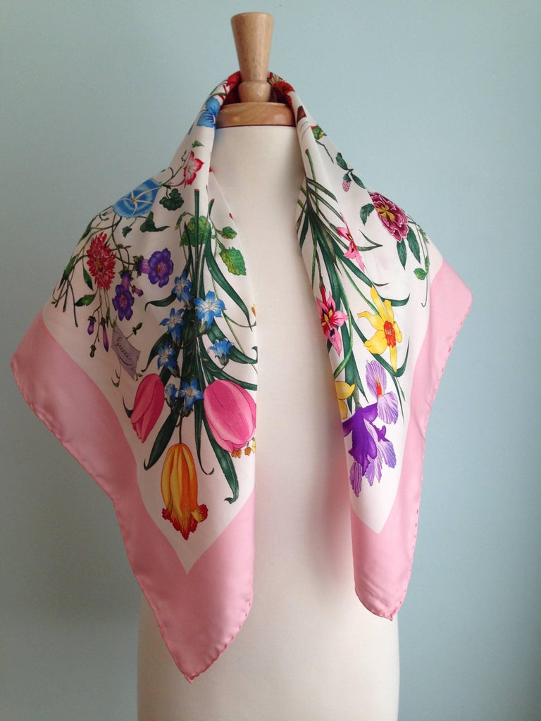Gucci Flora Pattern Scarf with Pink Border at 1stDibs