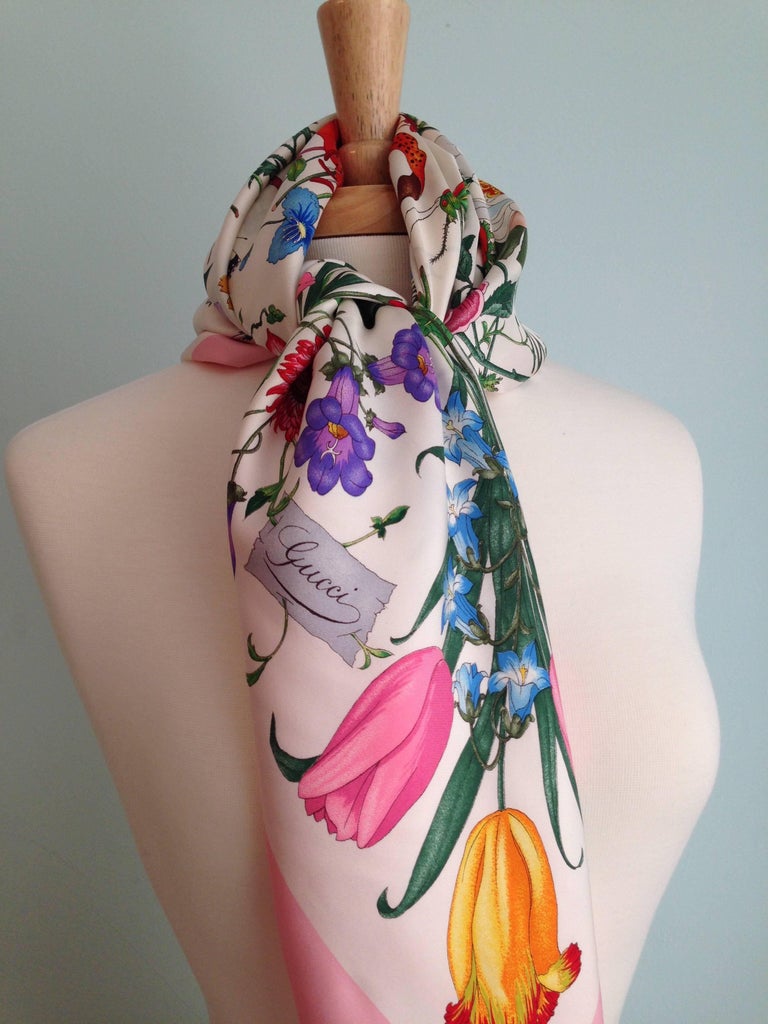 Gucci Flora Pattern Scarf with Pink Border at 1stDibs