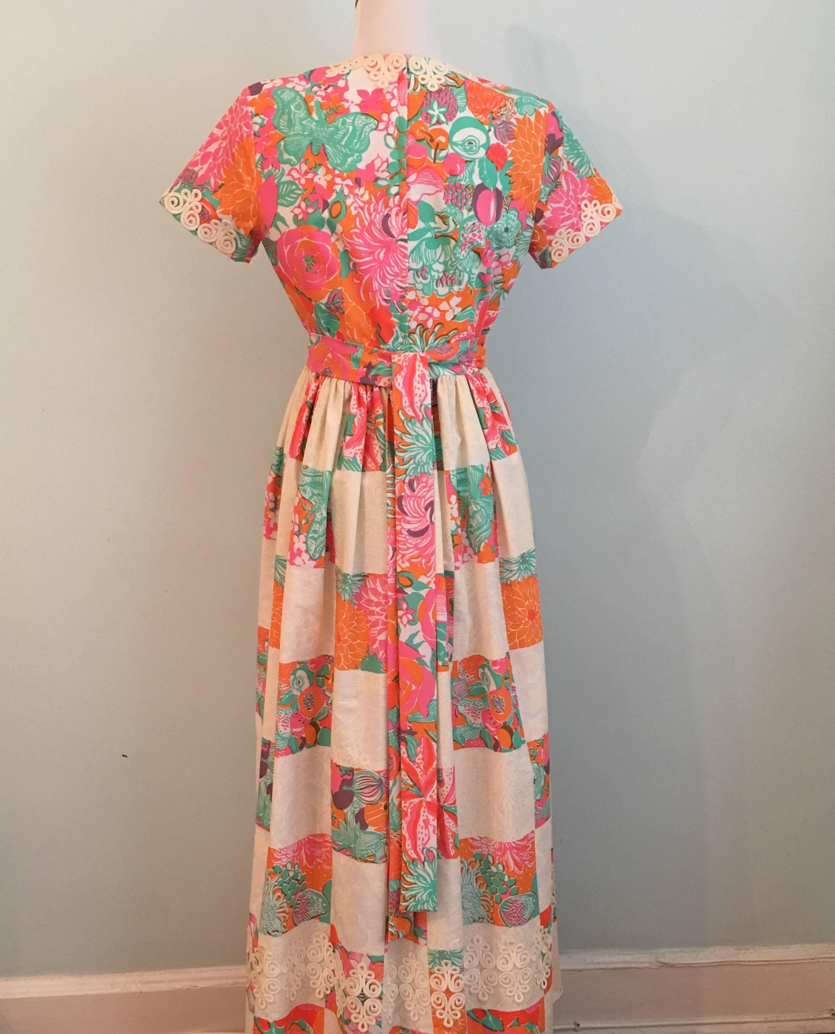 Beige 1960s Lilly Pulitzer Maxi Dress with Patchwork Print Skirt For Sale