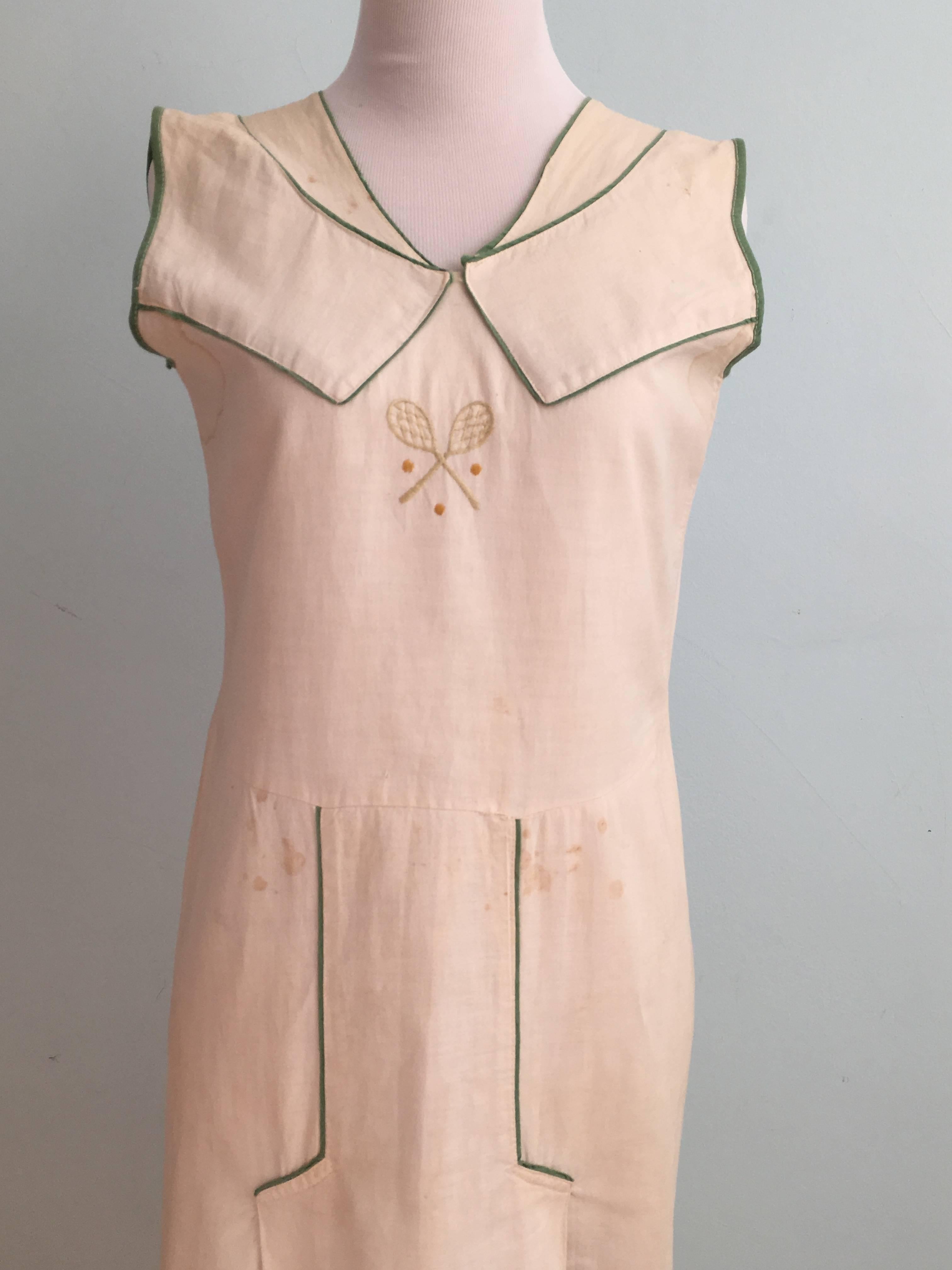 White Cotton Vintage Tennis Dress with Tennis Embroidery, 1920s   In Fair Condition For Sale In Chicago, IL