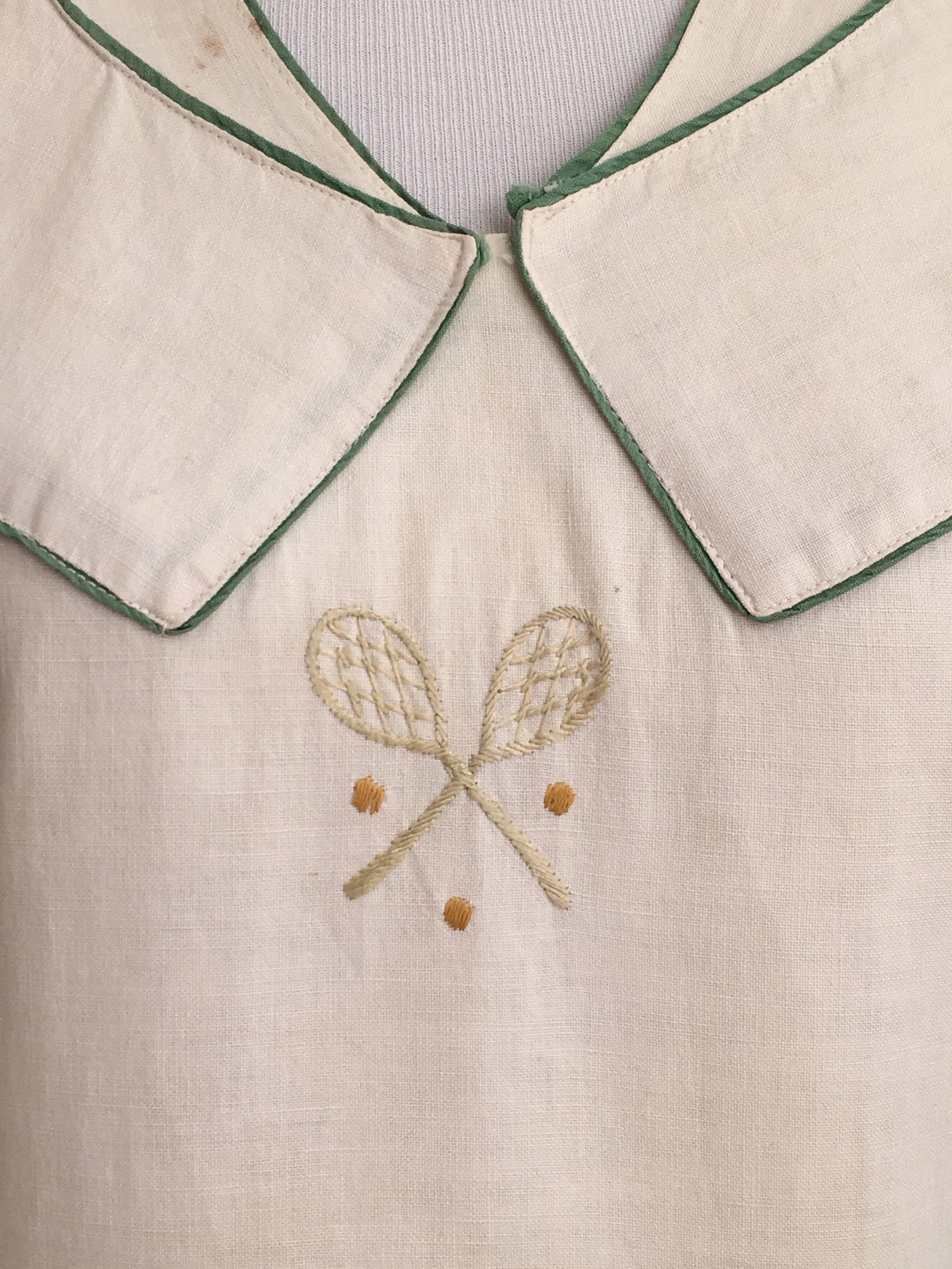 White Cotton Vintage Tennis Dress with Tennis Embroidery, 1920s   For Sale 1