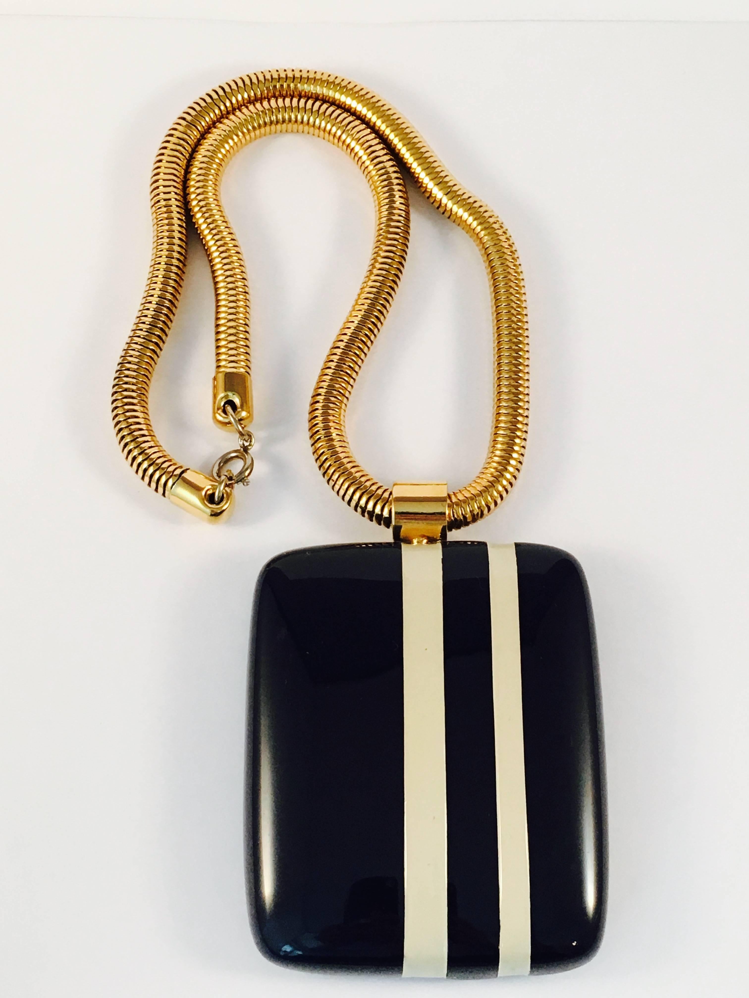 Lanvin Navy and White Striped Pendant Necklace, 1970s In Excellent Condition For Sale In Chicago, IL