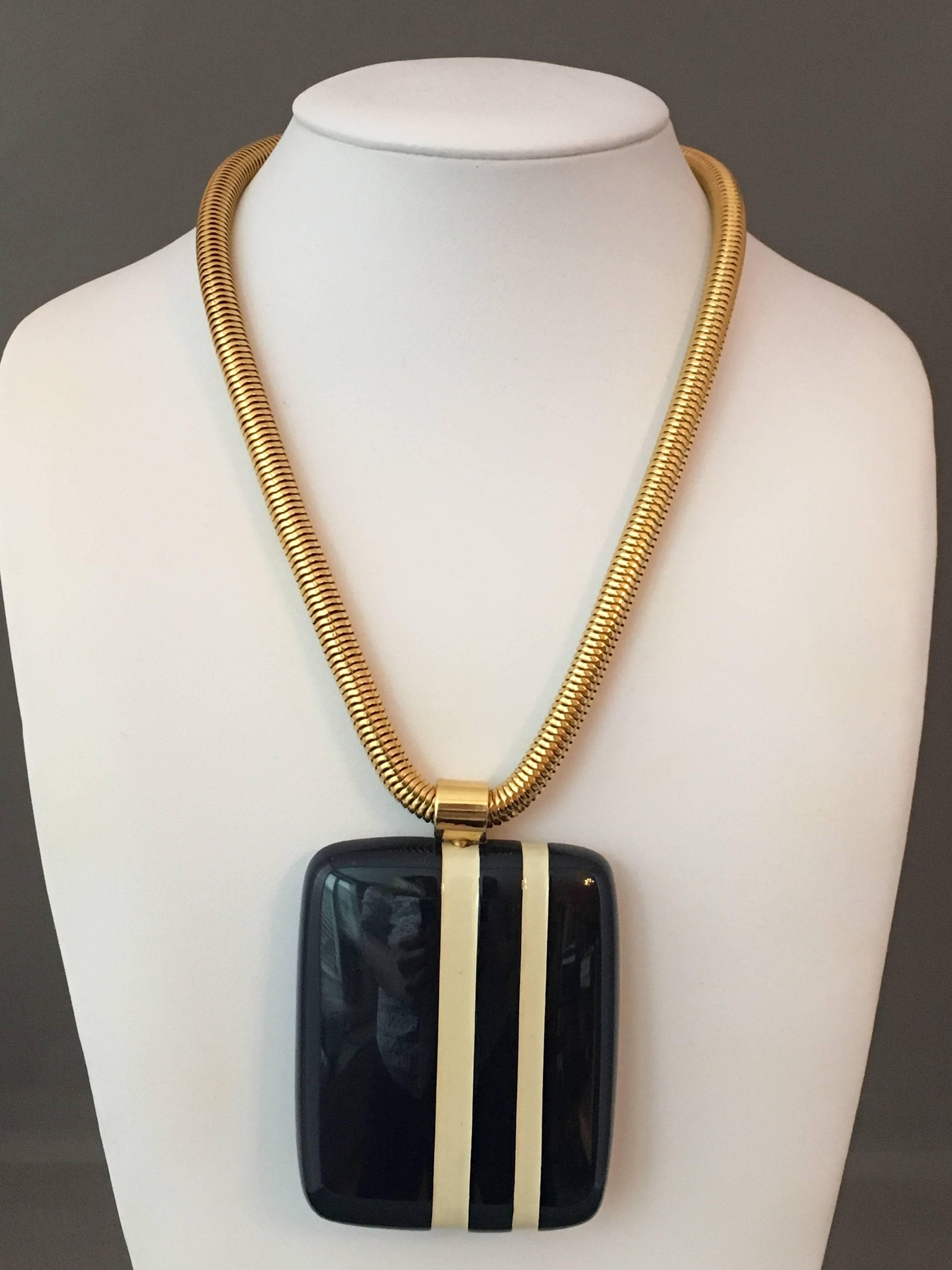 Women's Lanvin Navy and White Striped Pendant Necklace, 1970s For Sale
