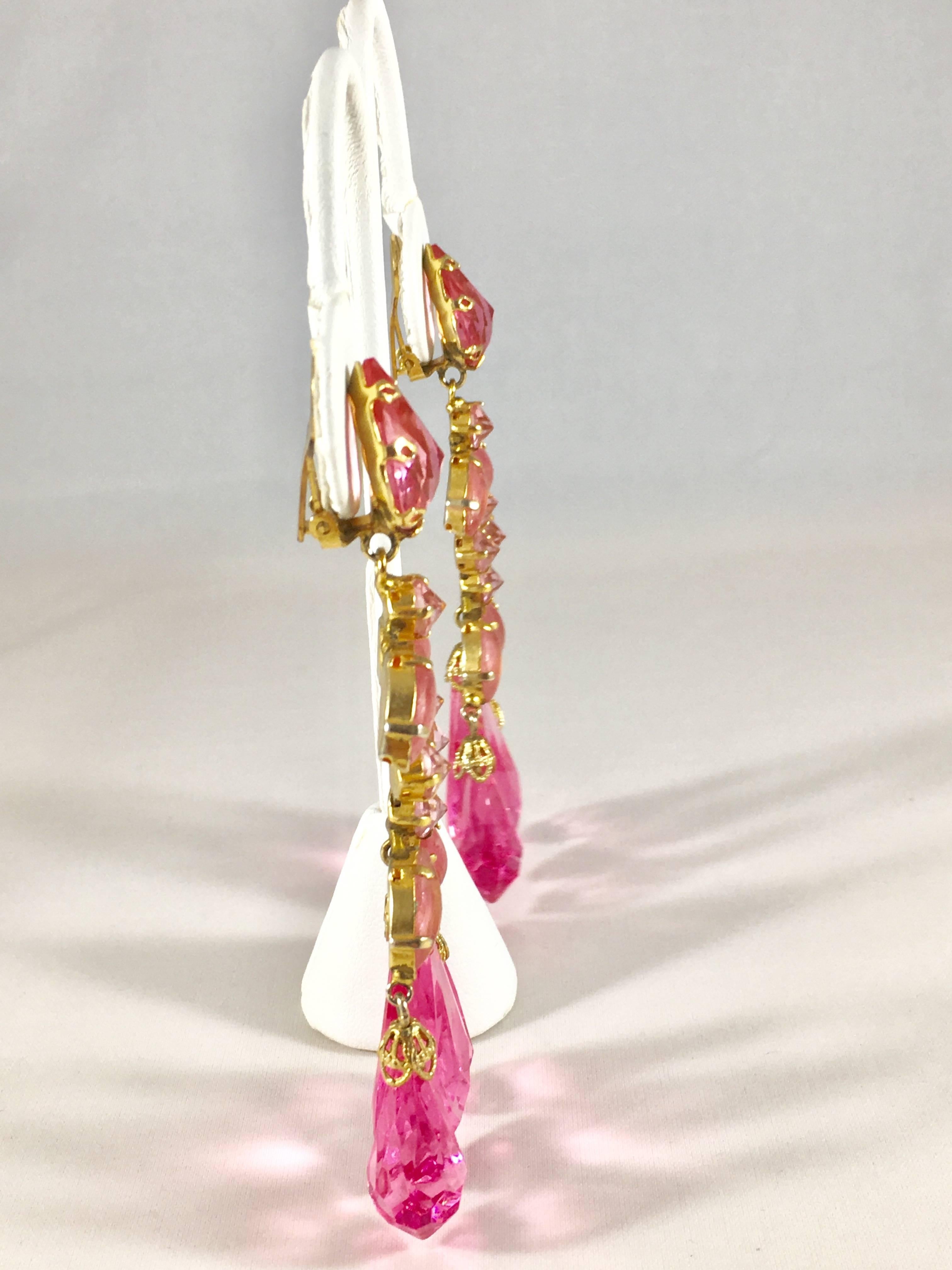 Schreiner Large Pink Statement Chandelier Earrings 1960s 3