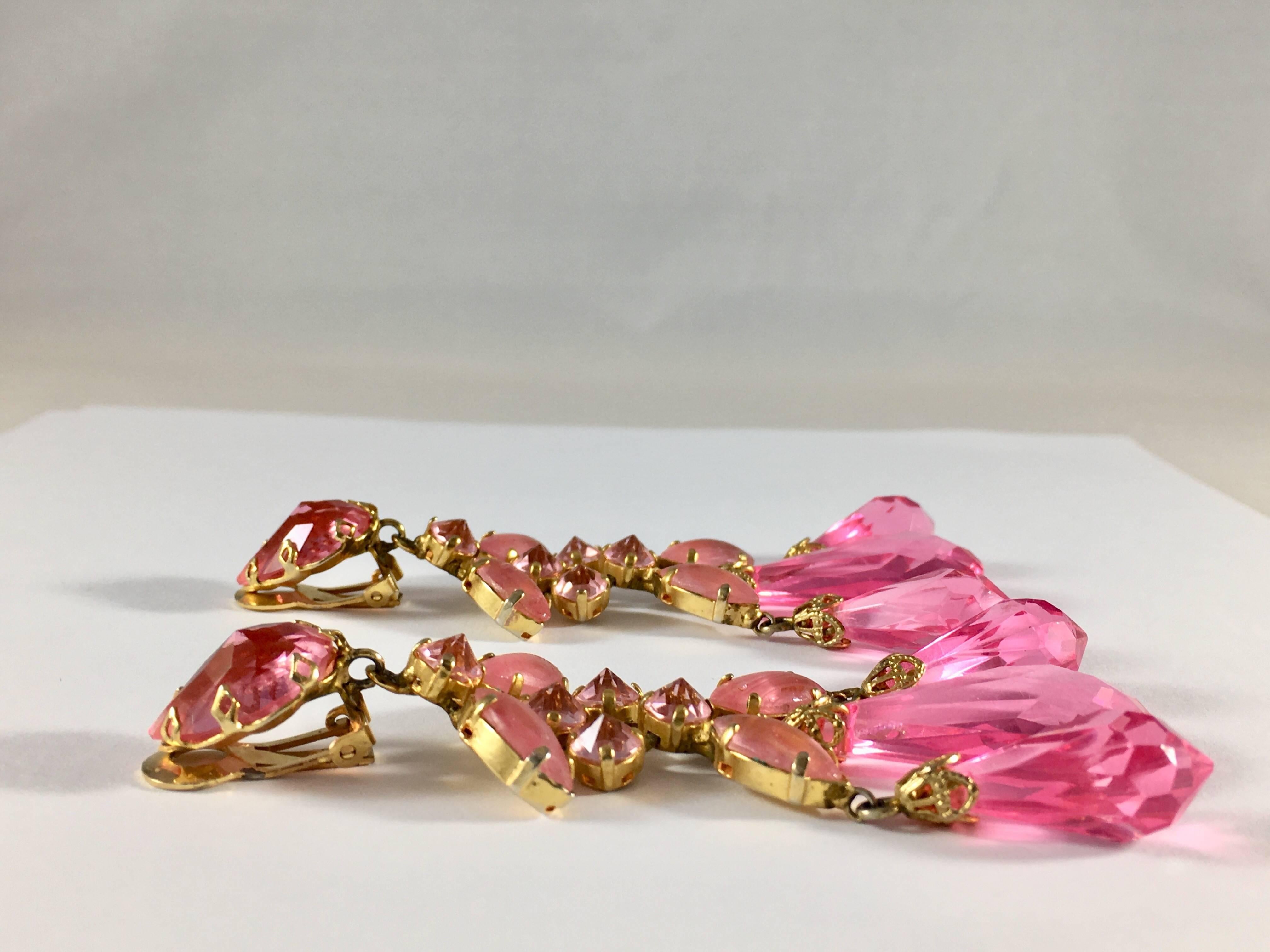 Schreiner Large Pink Statement Chandelier Earrings 1960s 4