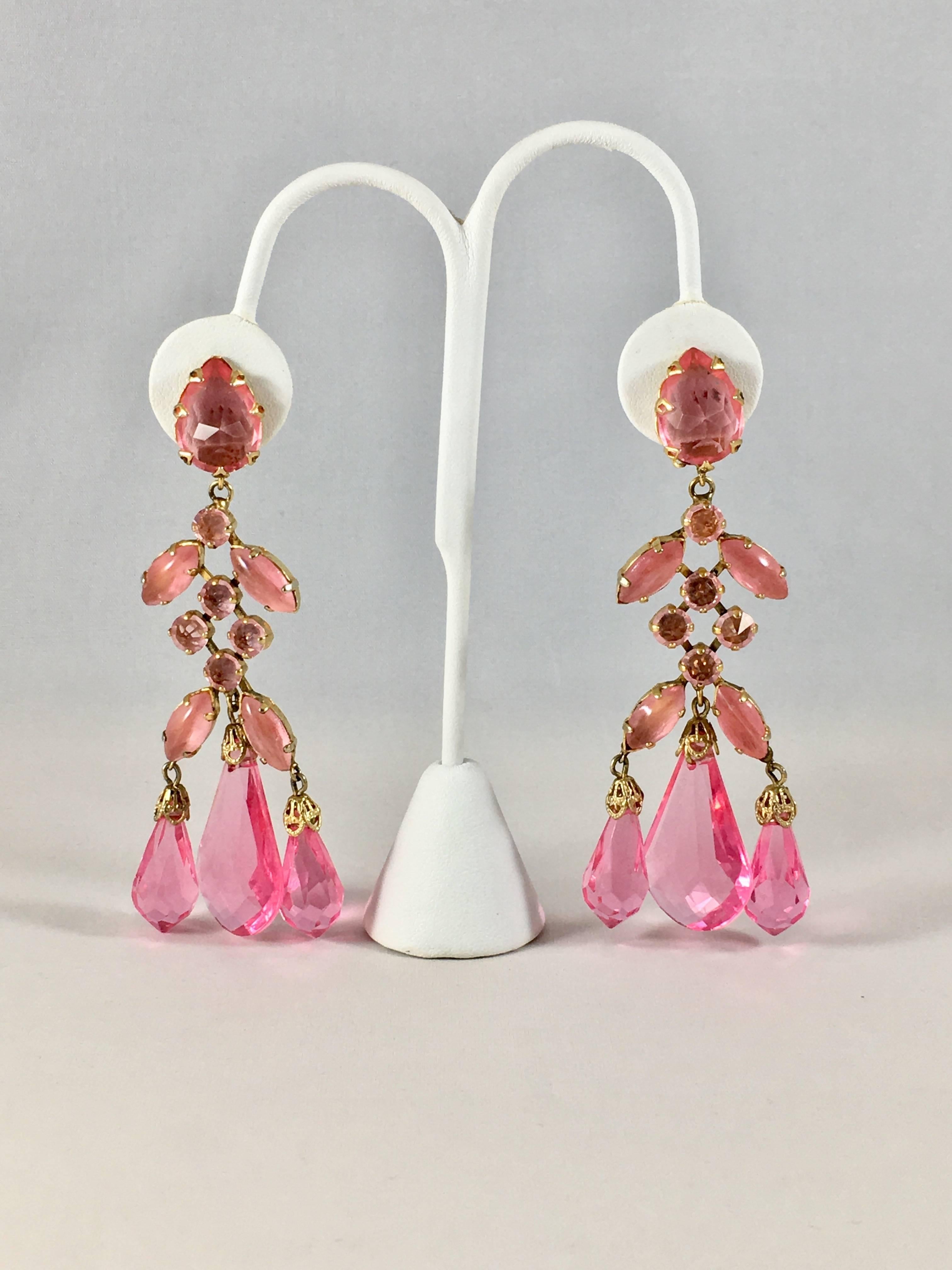Women's Schreiner Large Pink Statement Chandelier Earrings 1960s