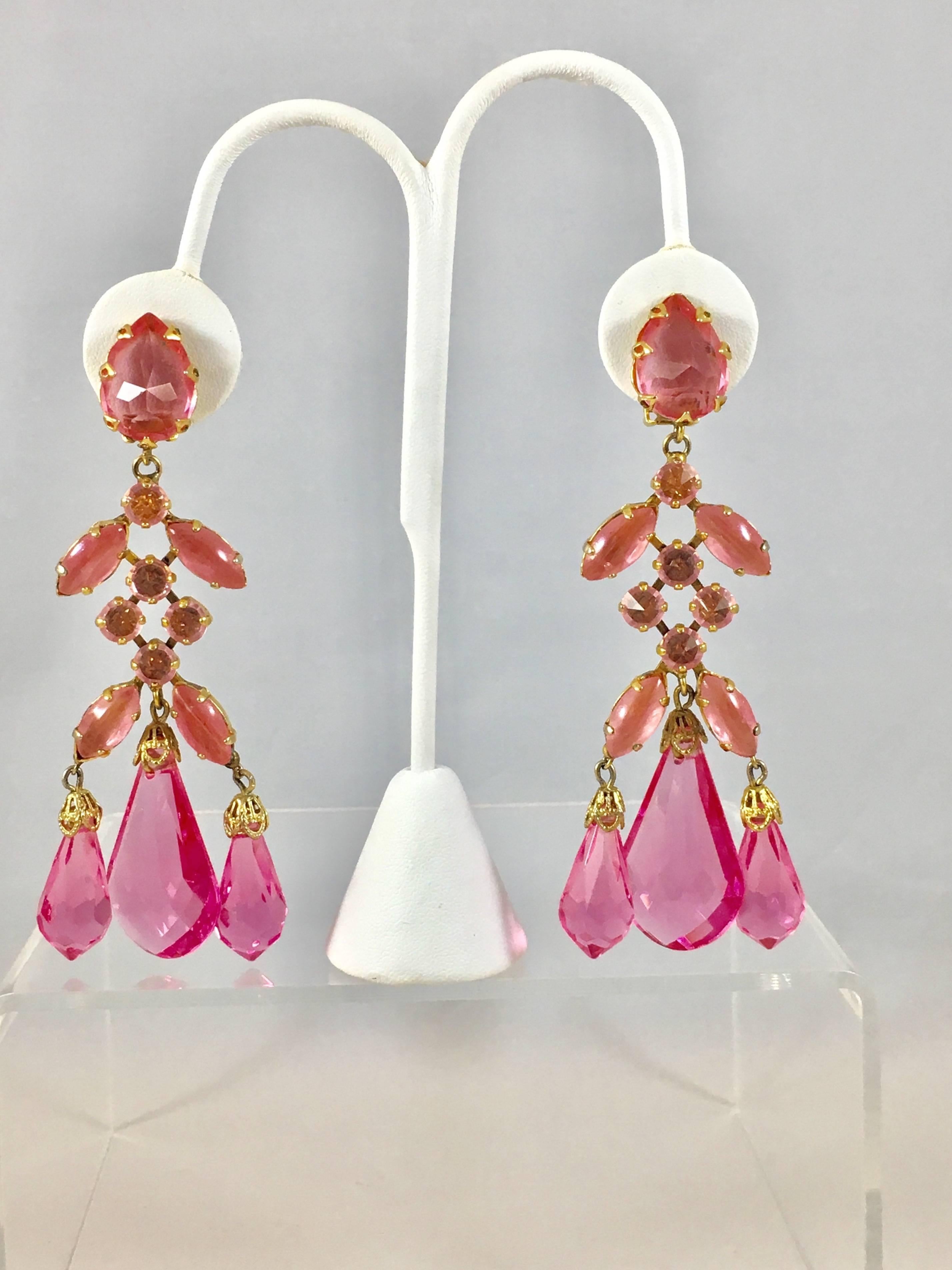 Schreiner Large Pink Statement Chandelier Earrings 1960s In Excellent Condition In Chicago, IL