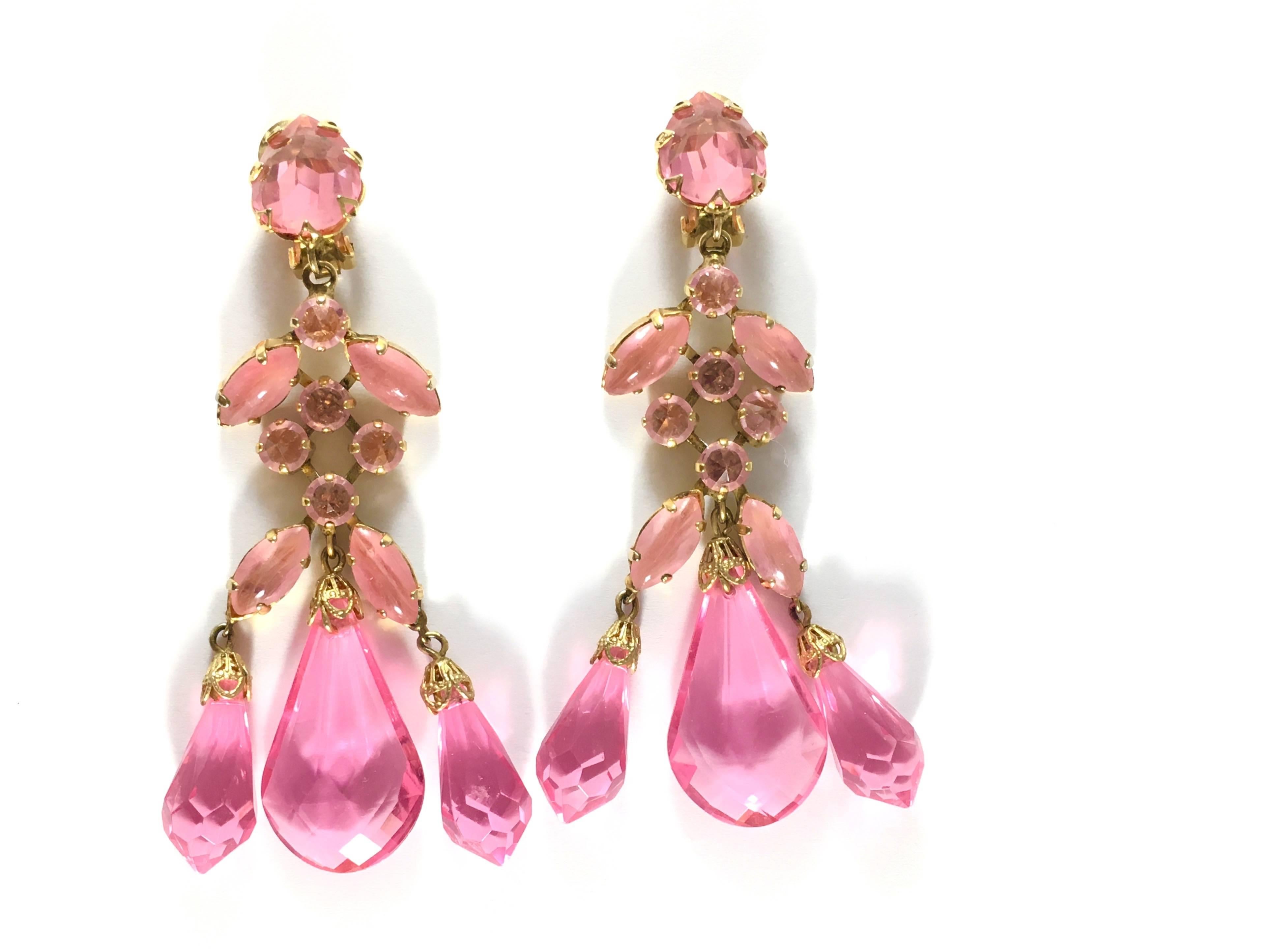 Schreiner Large Pink Statement Chandelier Earrings 1960s 1