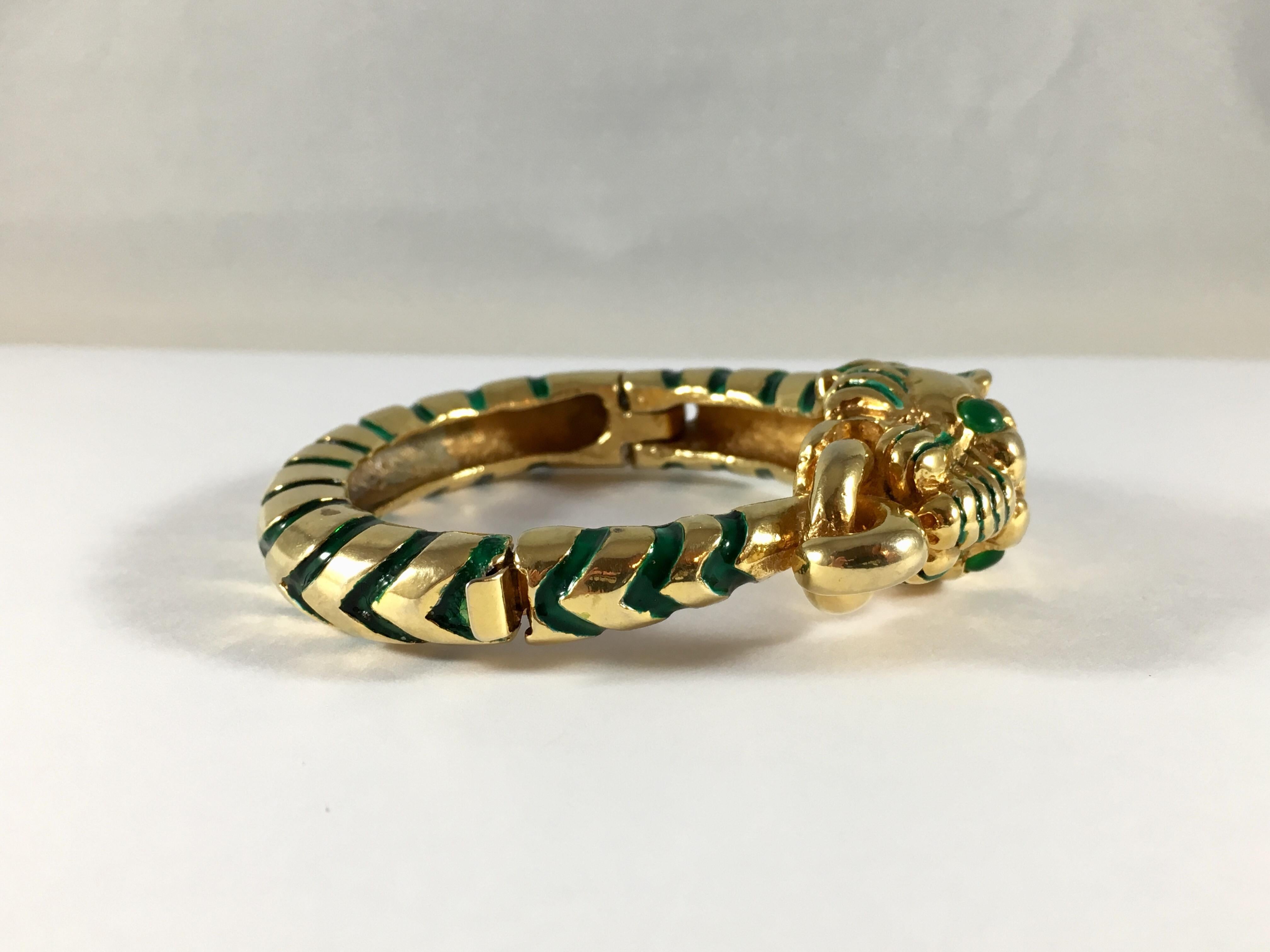 Rare Kenneth Jay Lane Green Enamel Tiger Bracelet 1960s 3