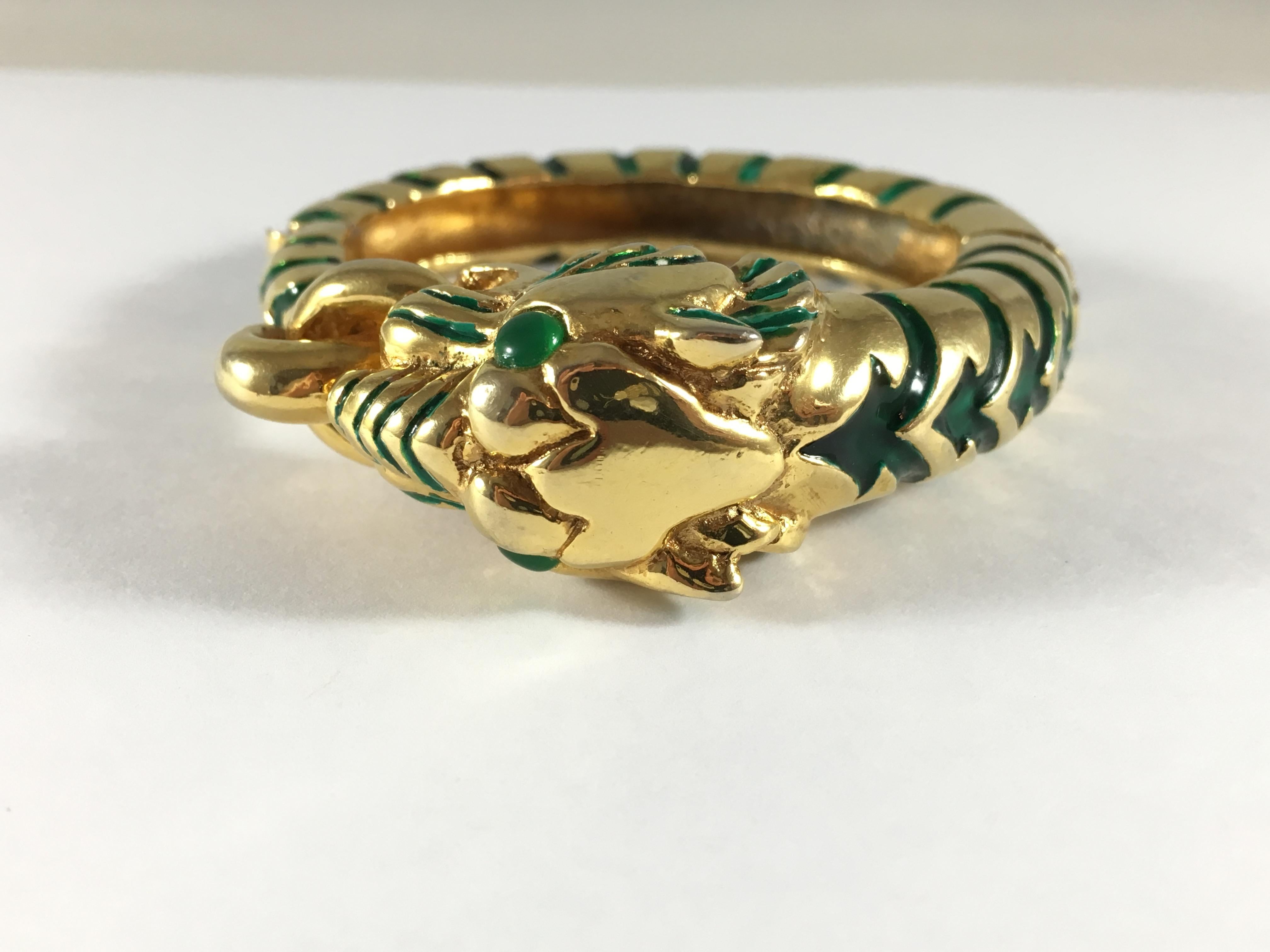 Women's Rare Kenneth Jay Lane Green Enamel Tiger Bracelet 1960s