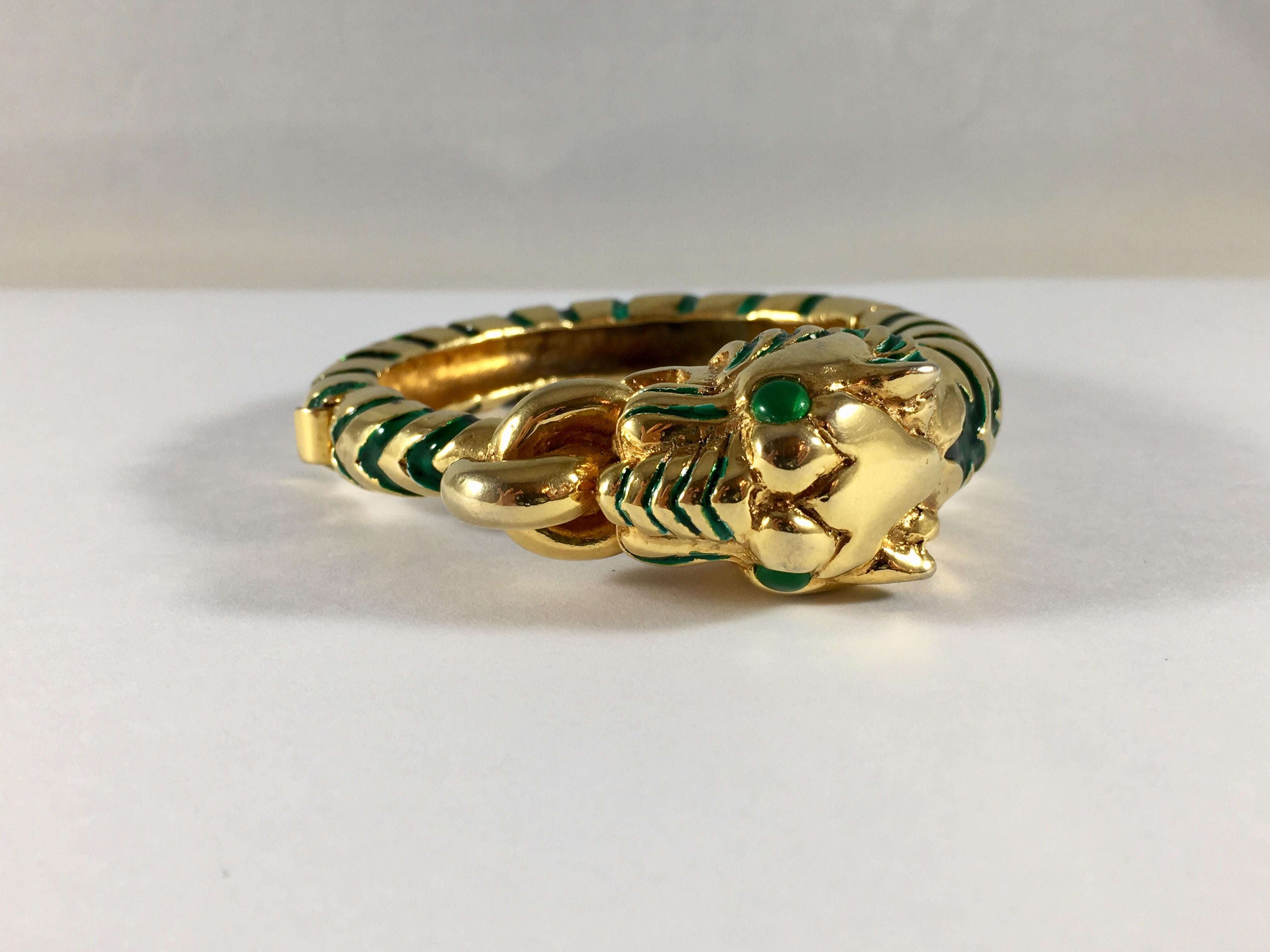 Rare Kenneth Jay Lane Green Enamel Tiger Bracelet 1960s 7