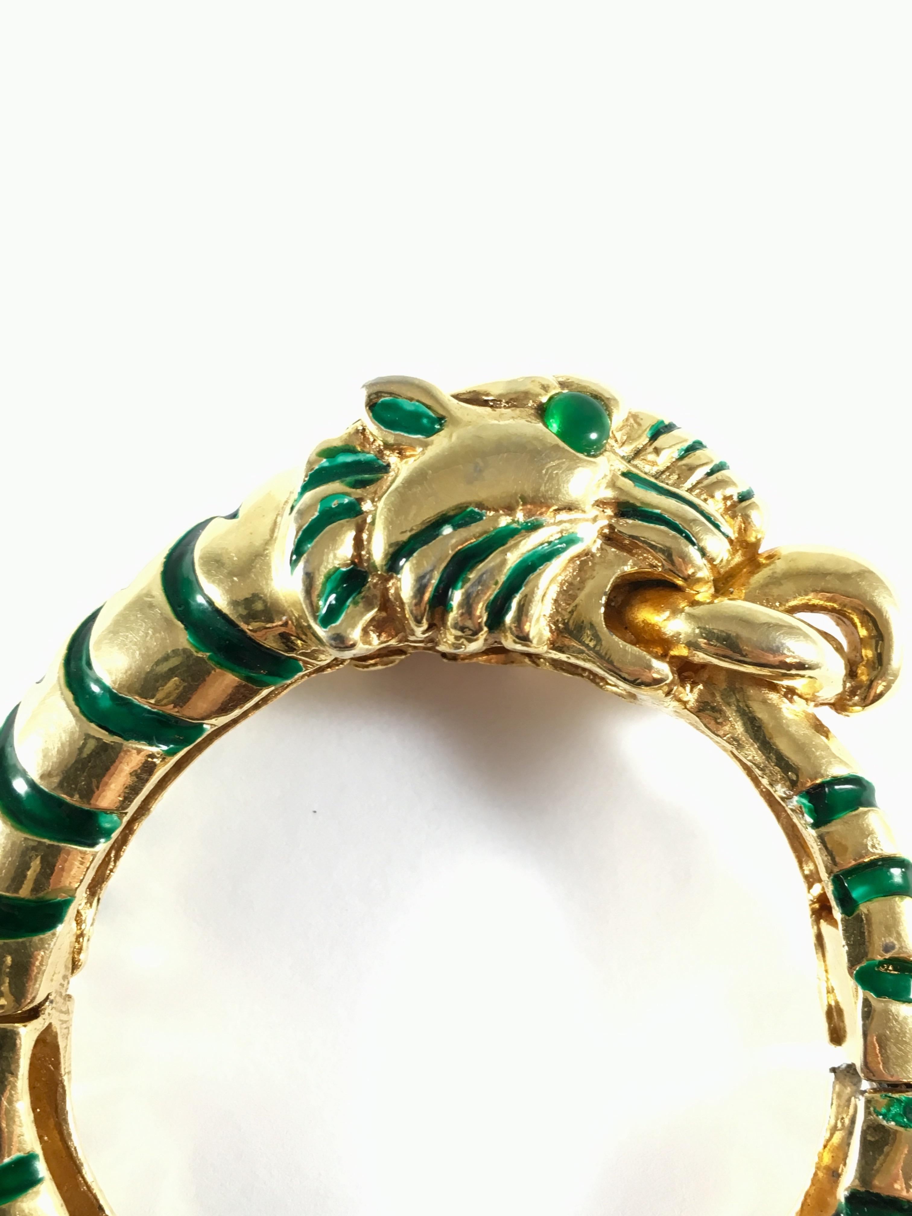 Rare Kenneth Jay Lane Green Enamel Tiger Bracelet 1960s 1