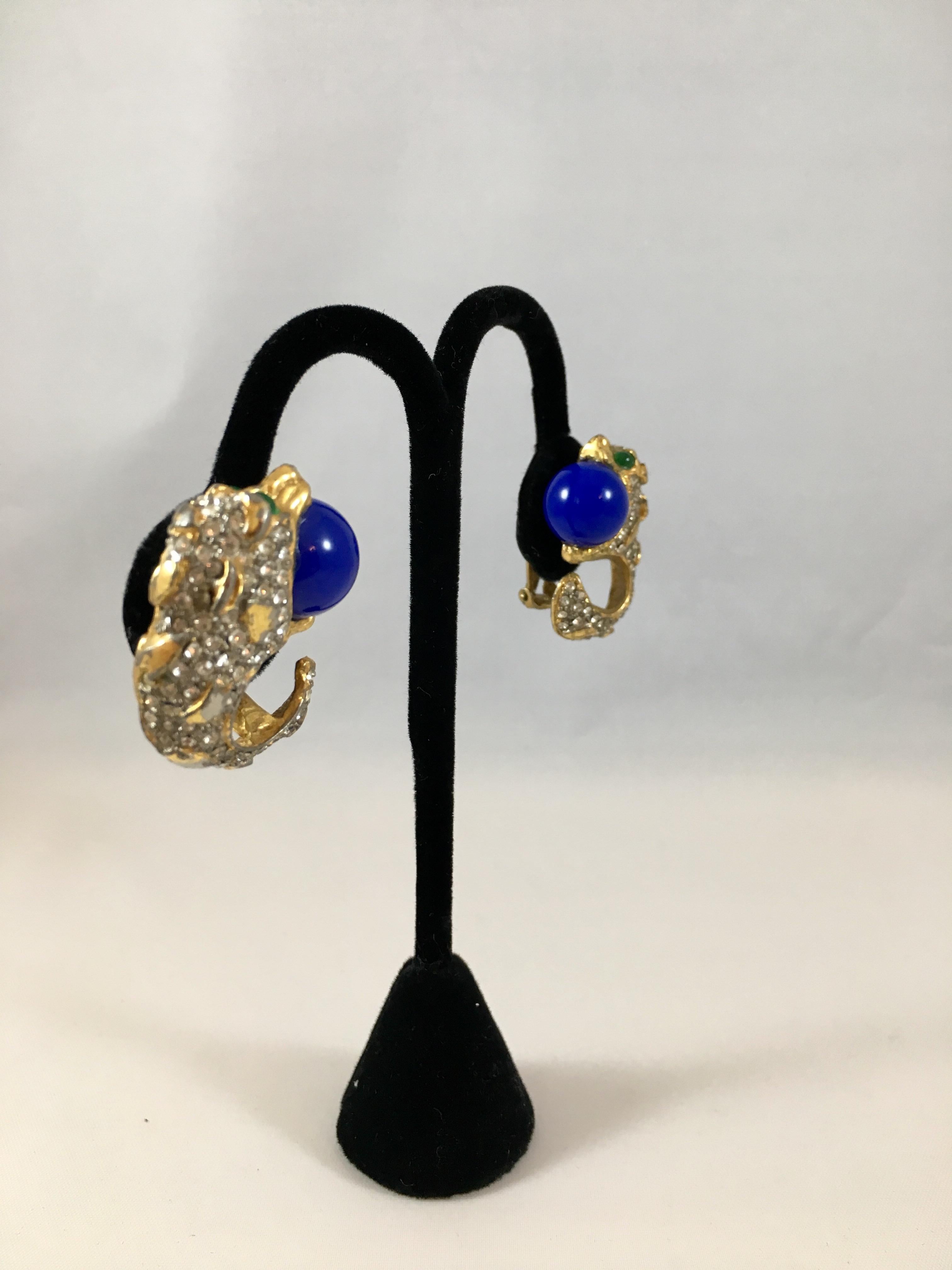 Kenneth Jay Lane K.J.L. Pave Animal Head Earrings 1960s 2