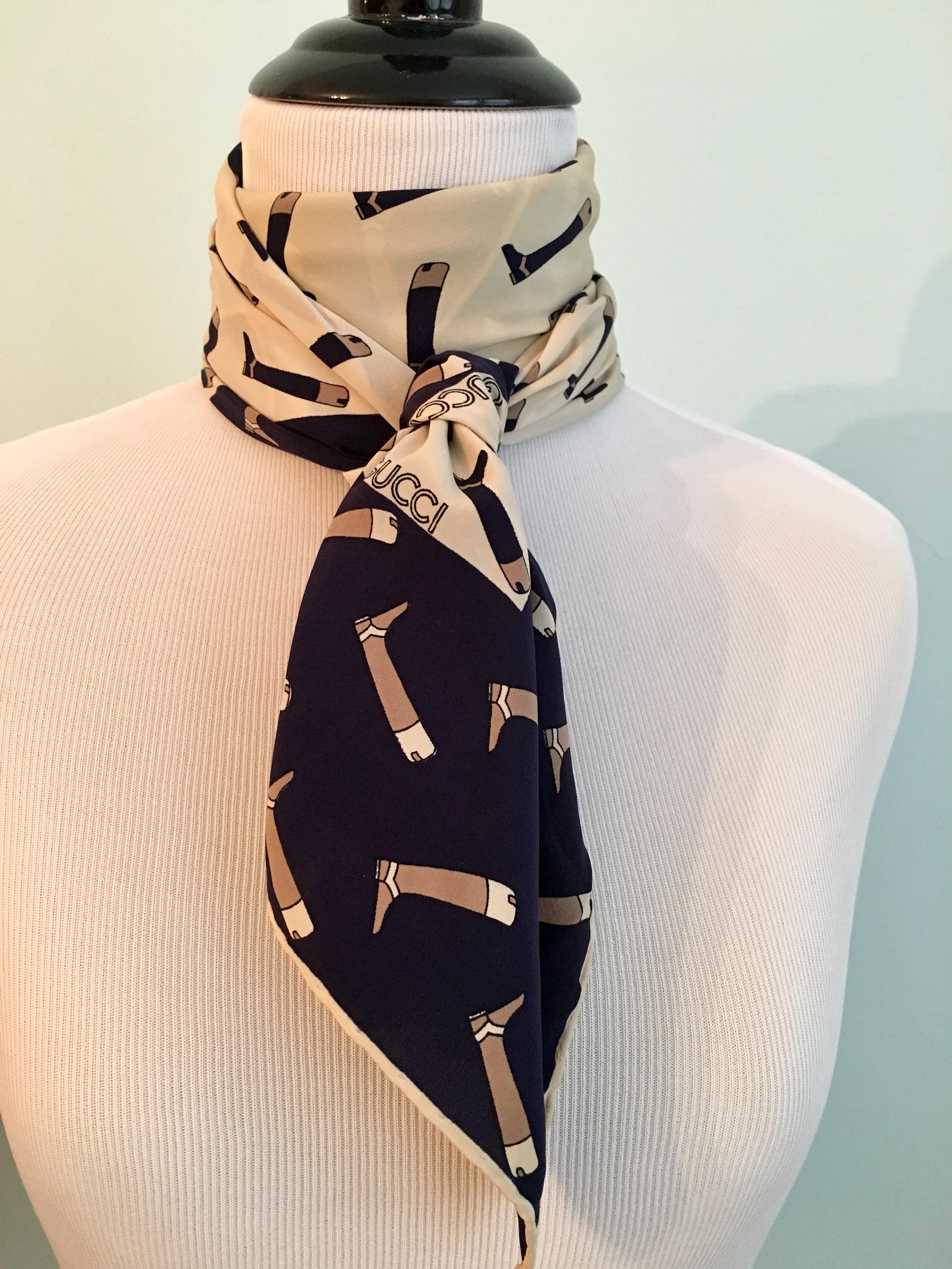 Gucci 1970s Riding Boot Pattern Scarf Navy and Cream 5