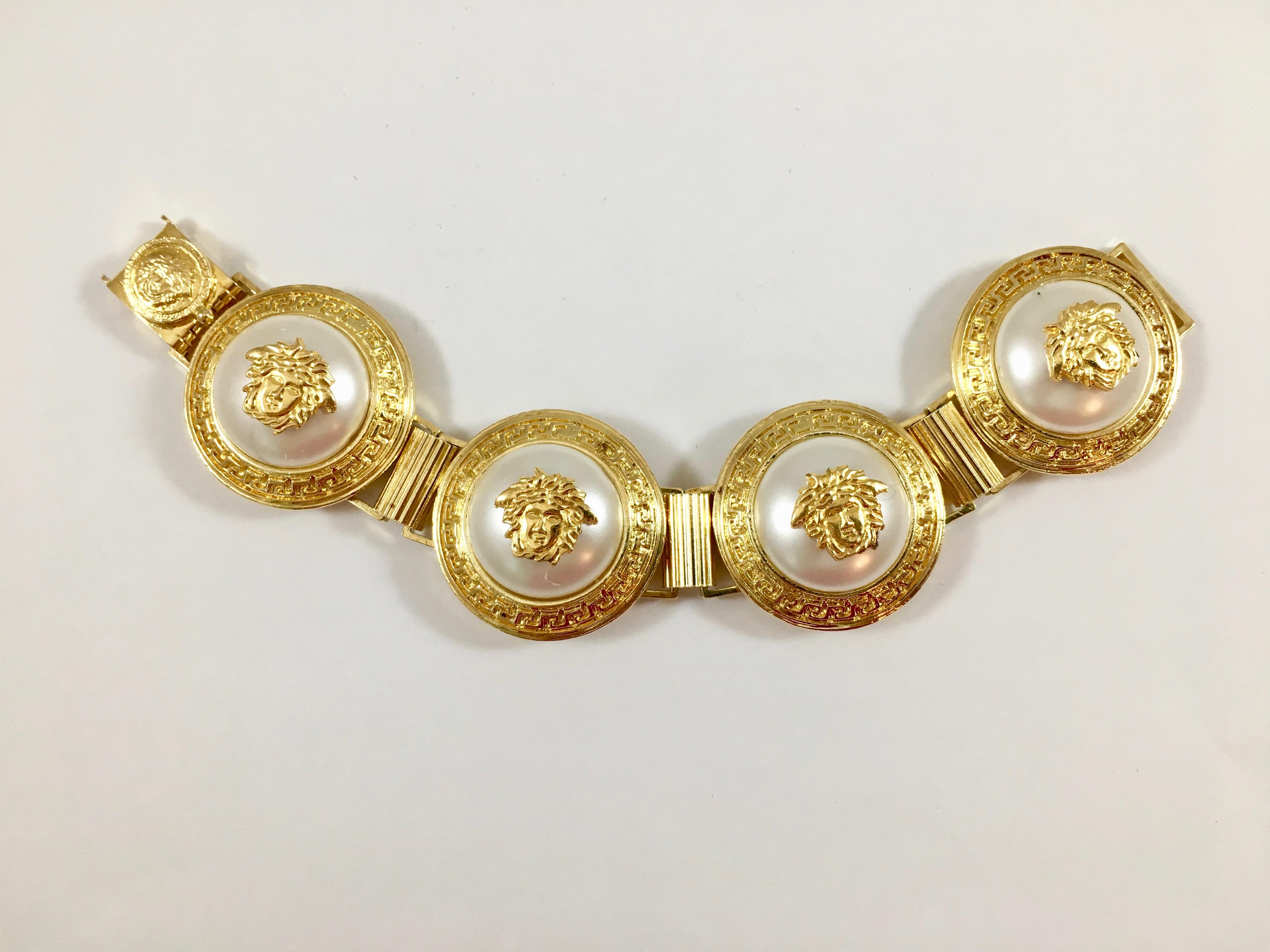 Versace Faux Pearl Bracelet with Medusa Heads  For Sale 1