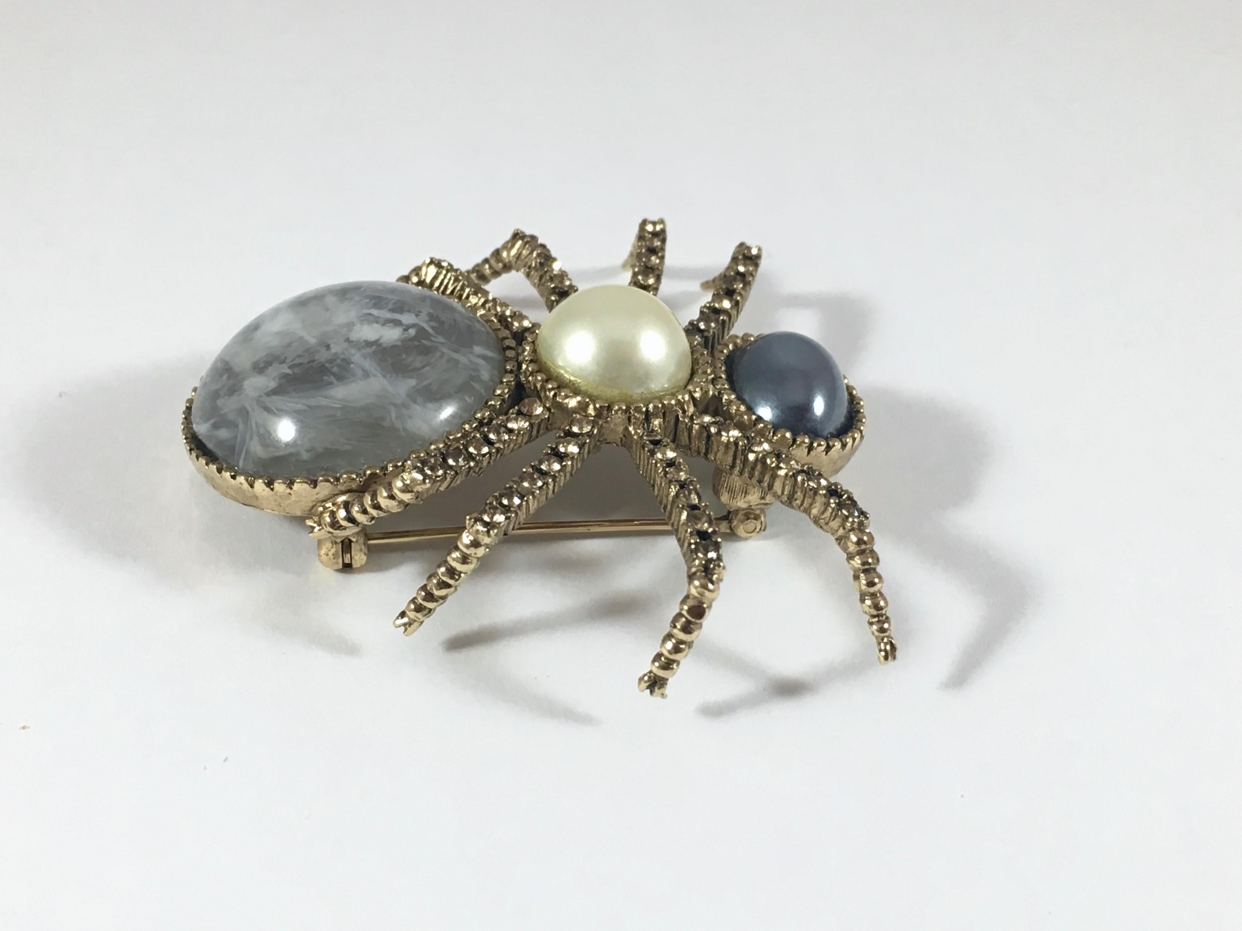 Women's Ciner Spider Faux Pearl and Rhinestone Brooch 1970s