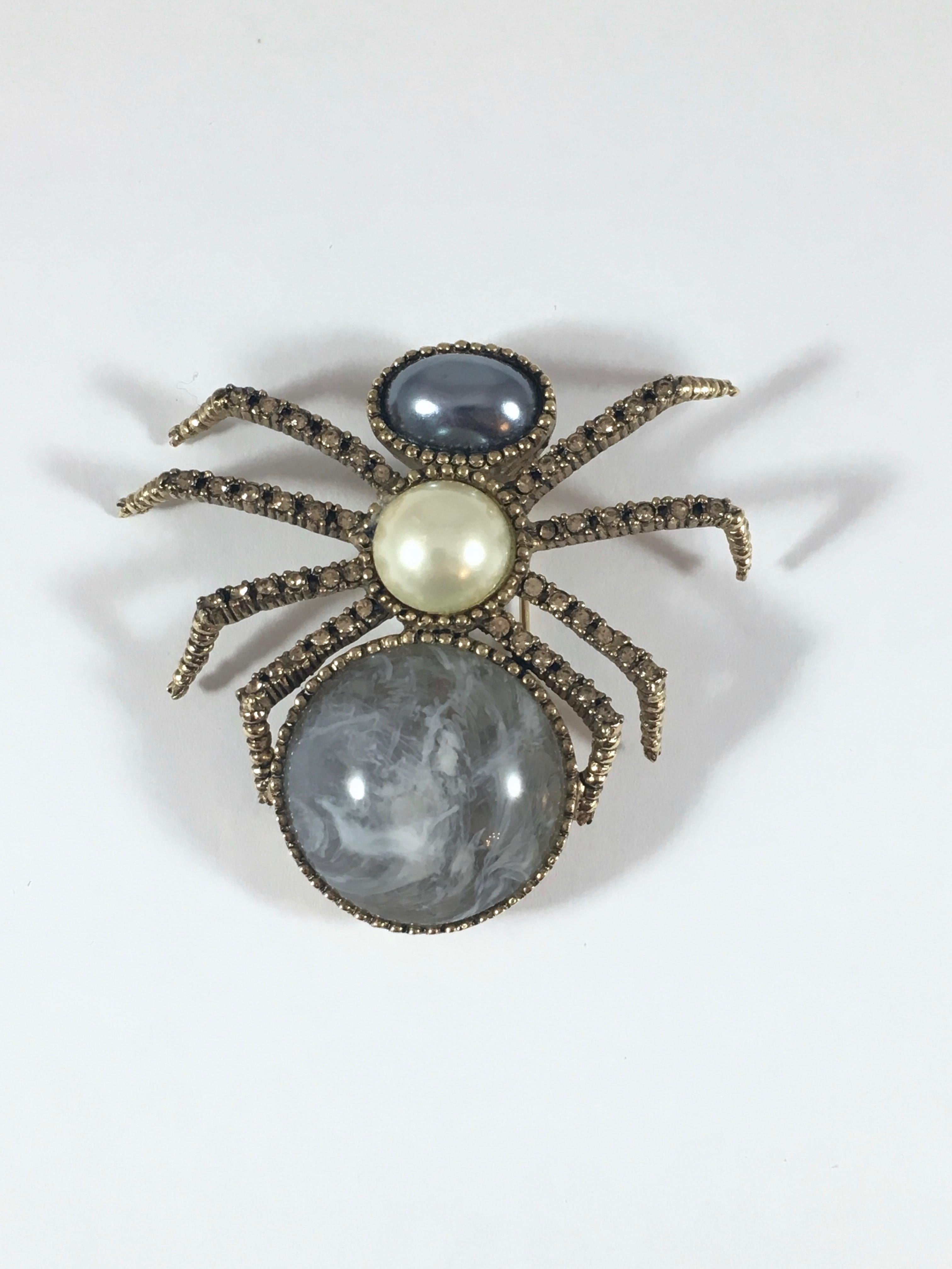 Ciner Spider Faux Pearl and Rhinestone Brooch 1970s 1