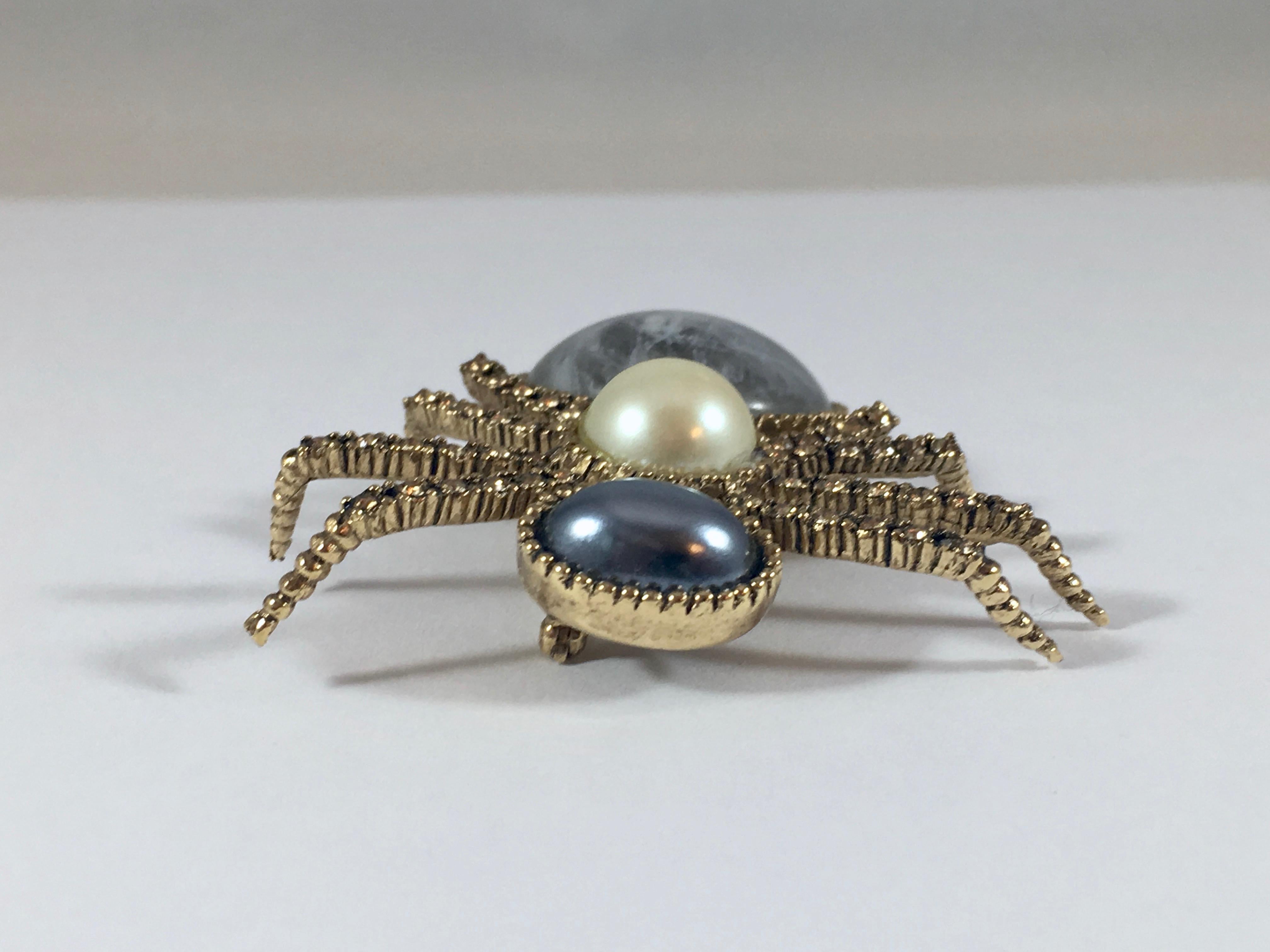 Ciner Spider Faux Pearl and Rhinestone Brooch 1970s 2