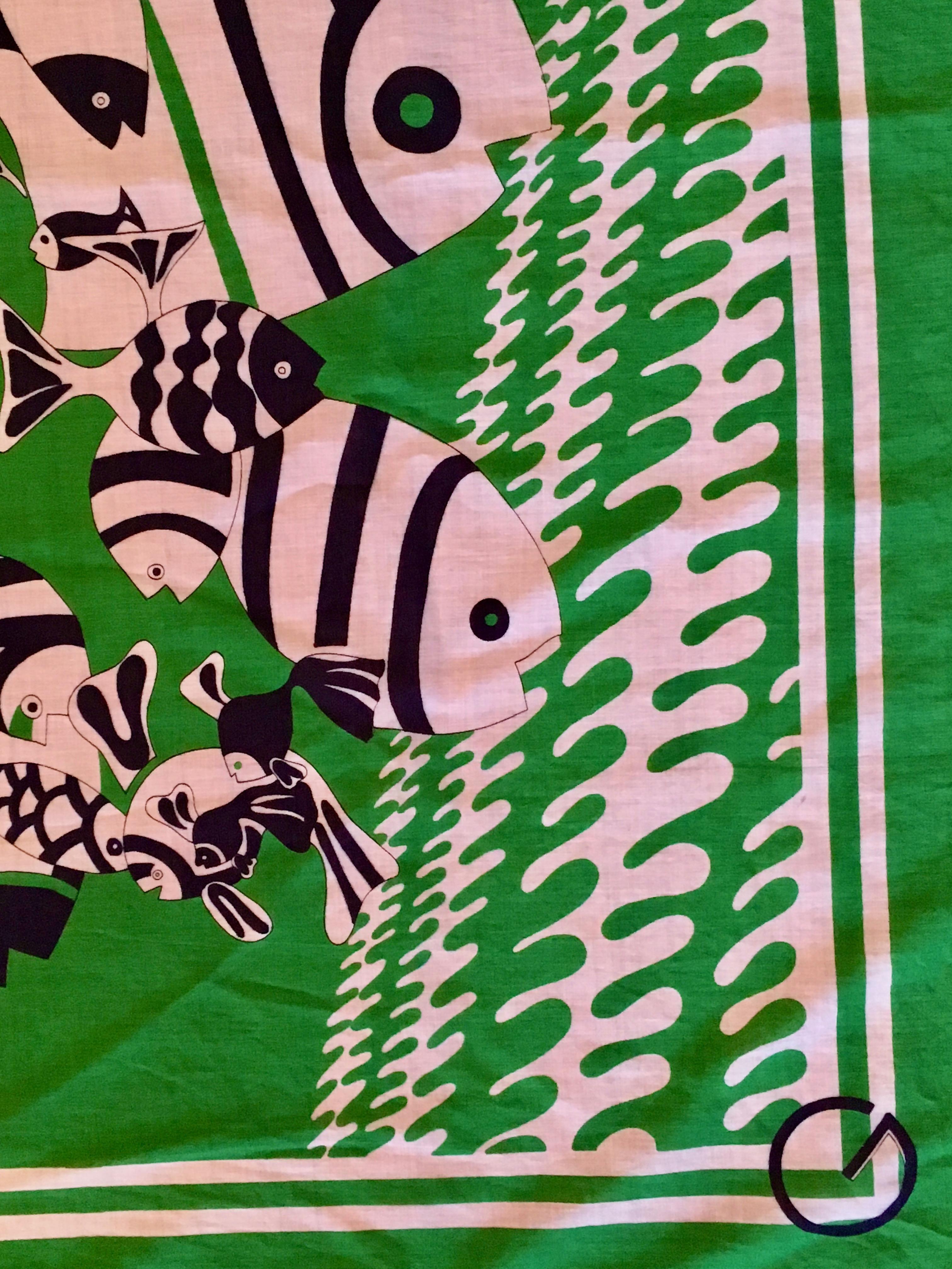 Women's or Men's 1970s Gucci Green Cotton Scarf with Fish Print