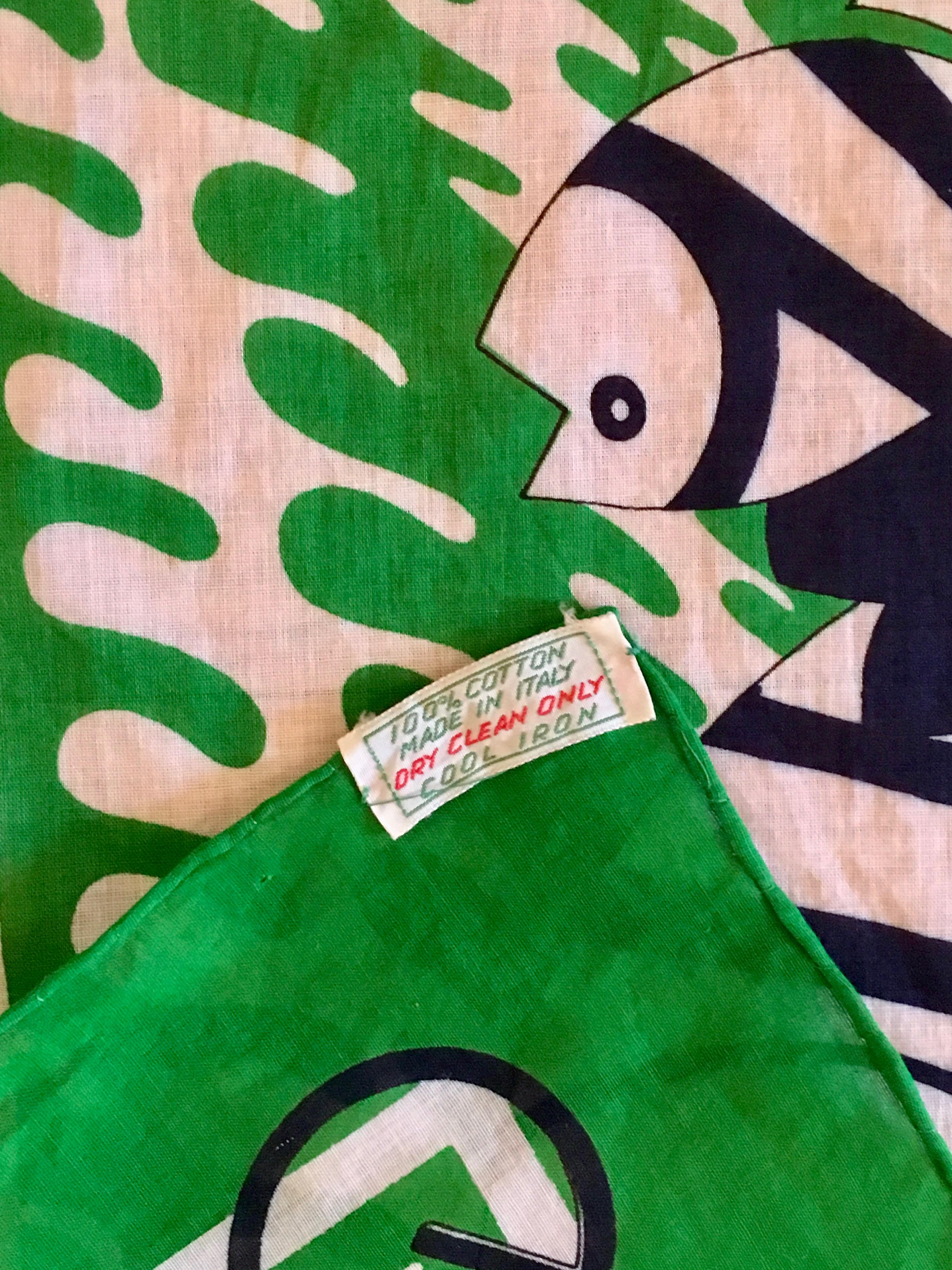 1970s Gucci Green Cotton Scarf with Fish Print 1