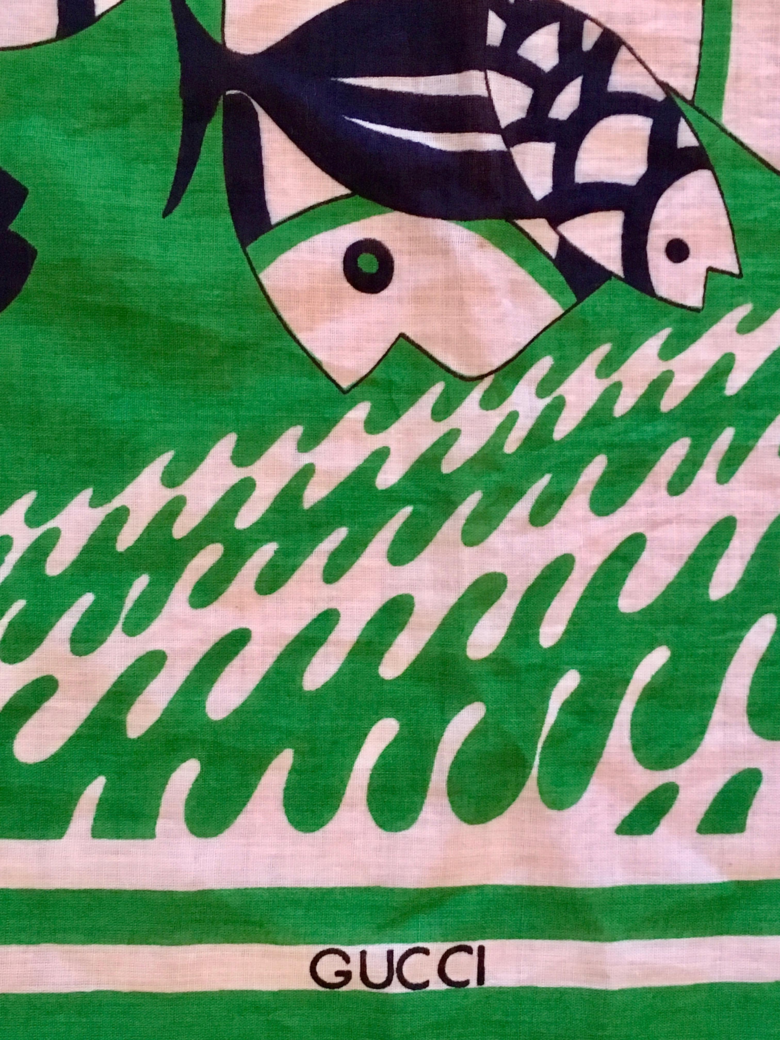 1970s Gucci Green Cotton Scarf with Fish Print 4
