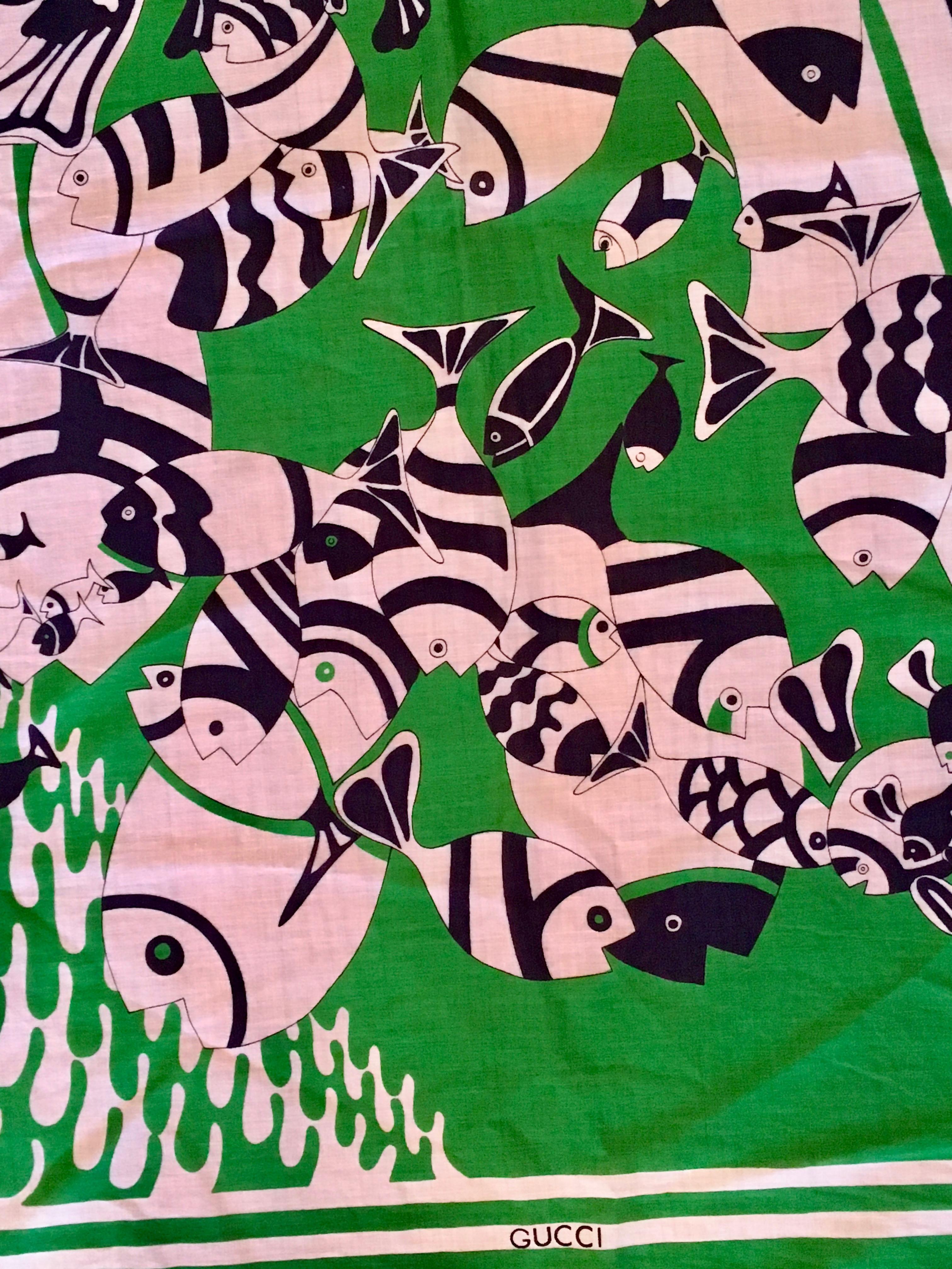 1970s Gucci Green Cotton Scarf with Fish Print 3