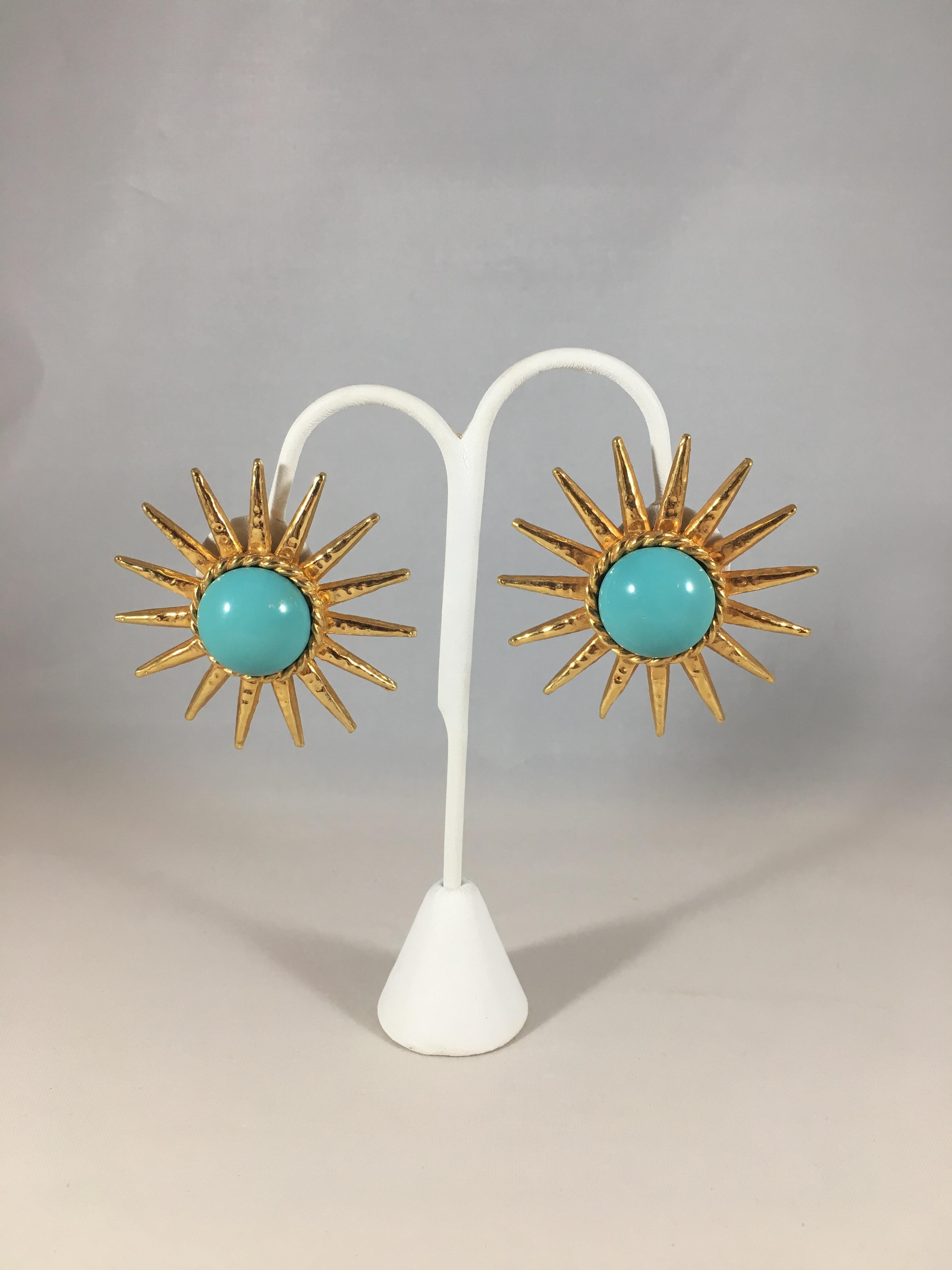 Phillipe Ferrandis Star Earrings with Turquoise Centers, 1990s In Excellent Condition For Sale In Chicago, IL
