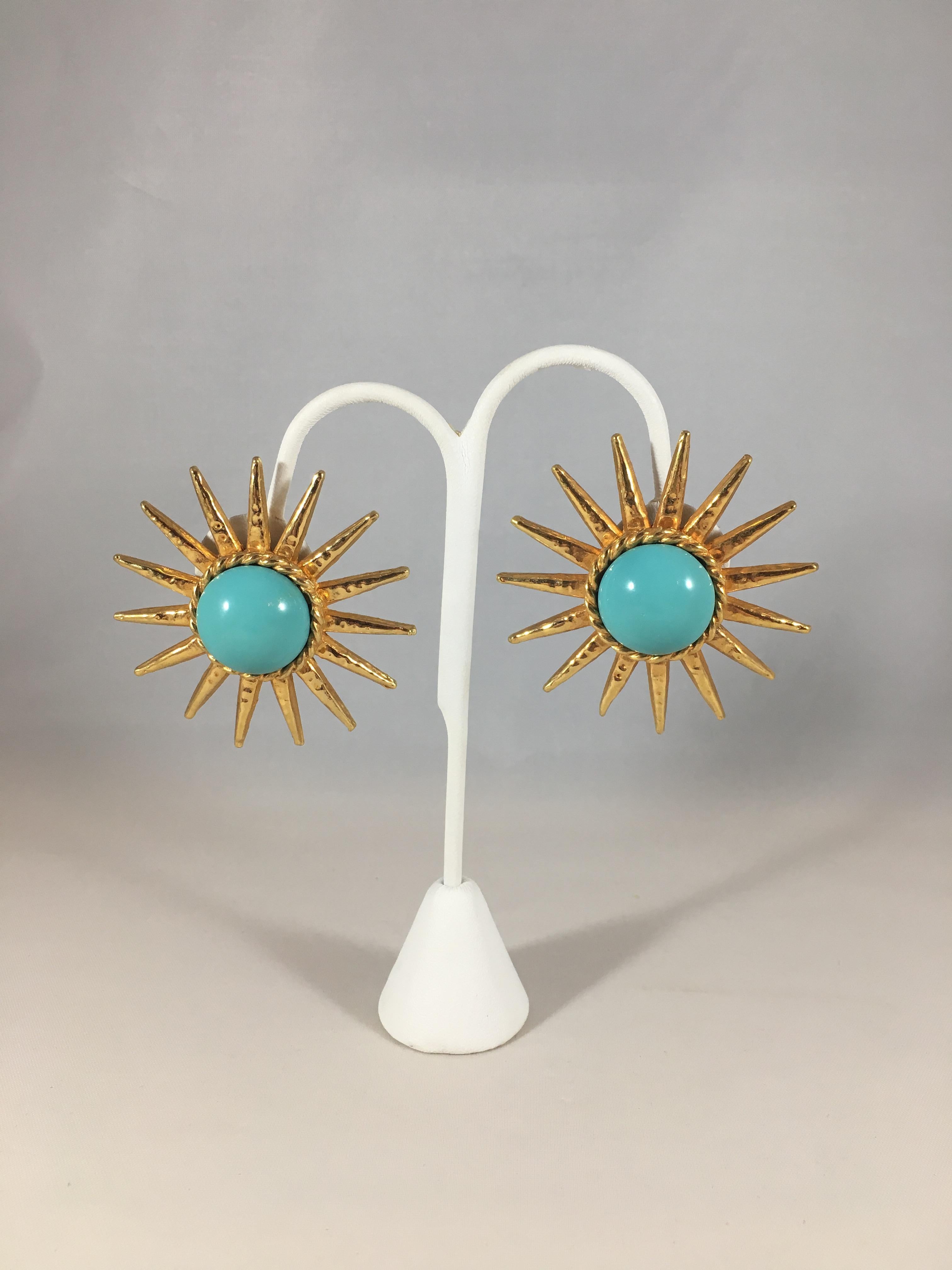 Women's Phillipe Ferrandis Star Earrings with Turquoise Centers, 1990s For Sale