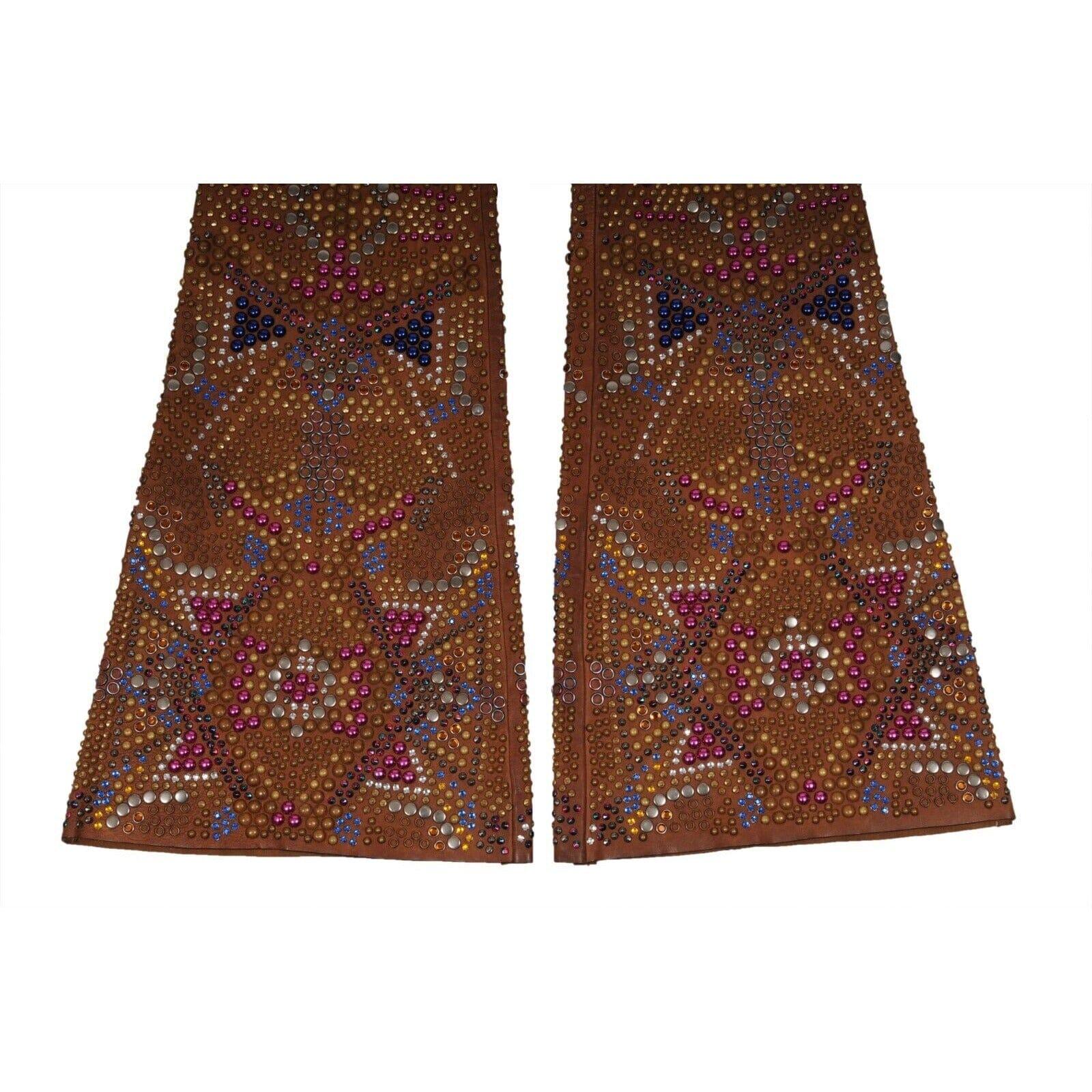 2000 Runway Pantalon évasé en cuir avec ornements US4 IT 40 Marron avec perles Pour femmes en vente
