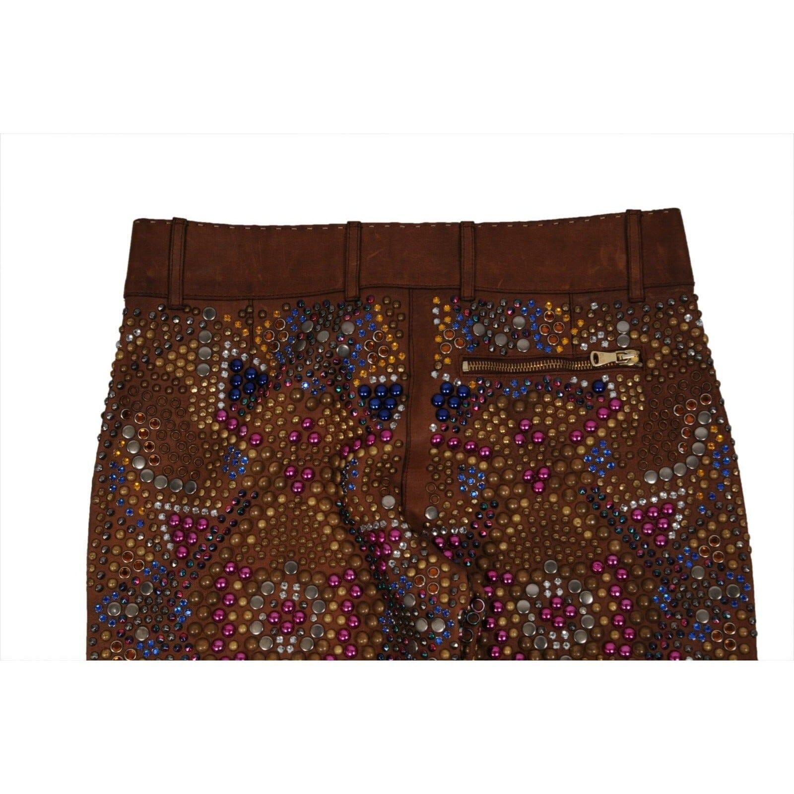 2000 Runway Pantalon évasé en cuir avec ornements US4 IT 40 Marron avec perles en vente 11