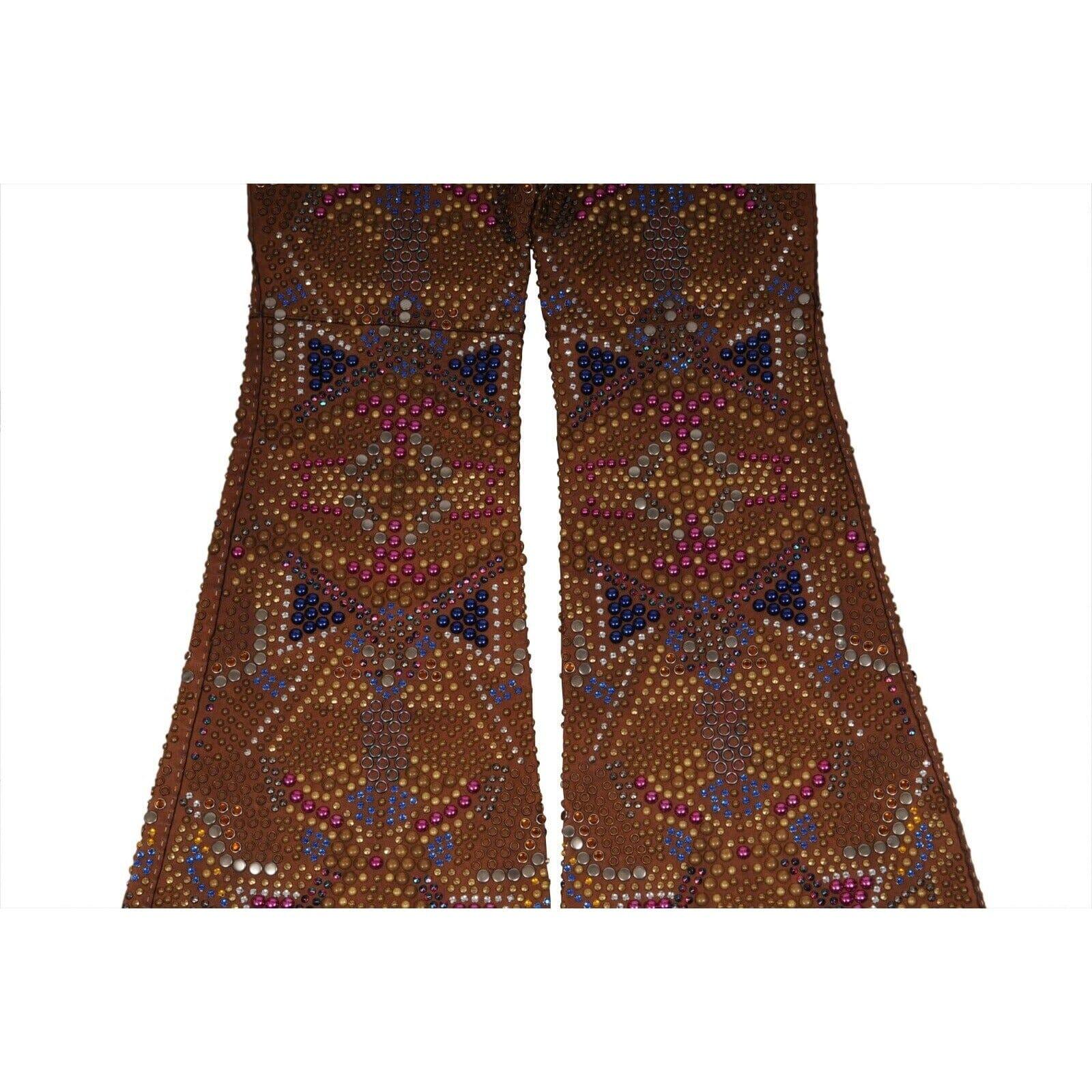 2000 Runway Pantalon évasé en cuir avec ornements US4 IT 40 Marron avec perles en vente 2