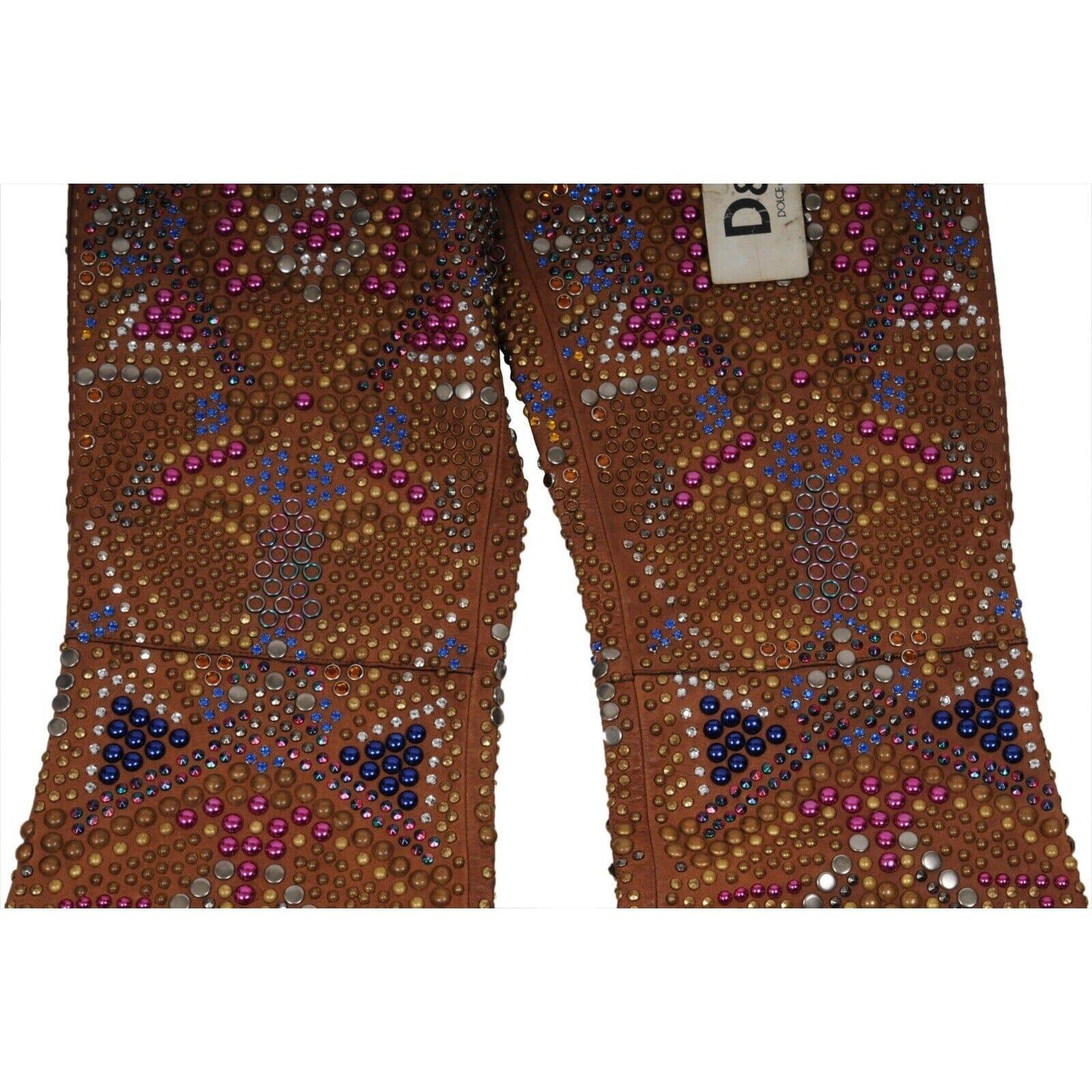 2000 Runway Pantalon évasé en cuir avec ornements US4 IT 40 Marron avec perles en vente 4