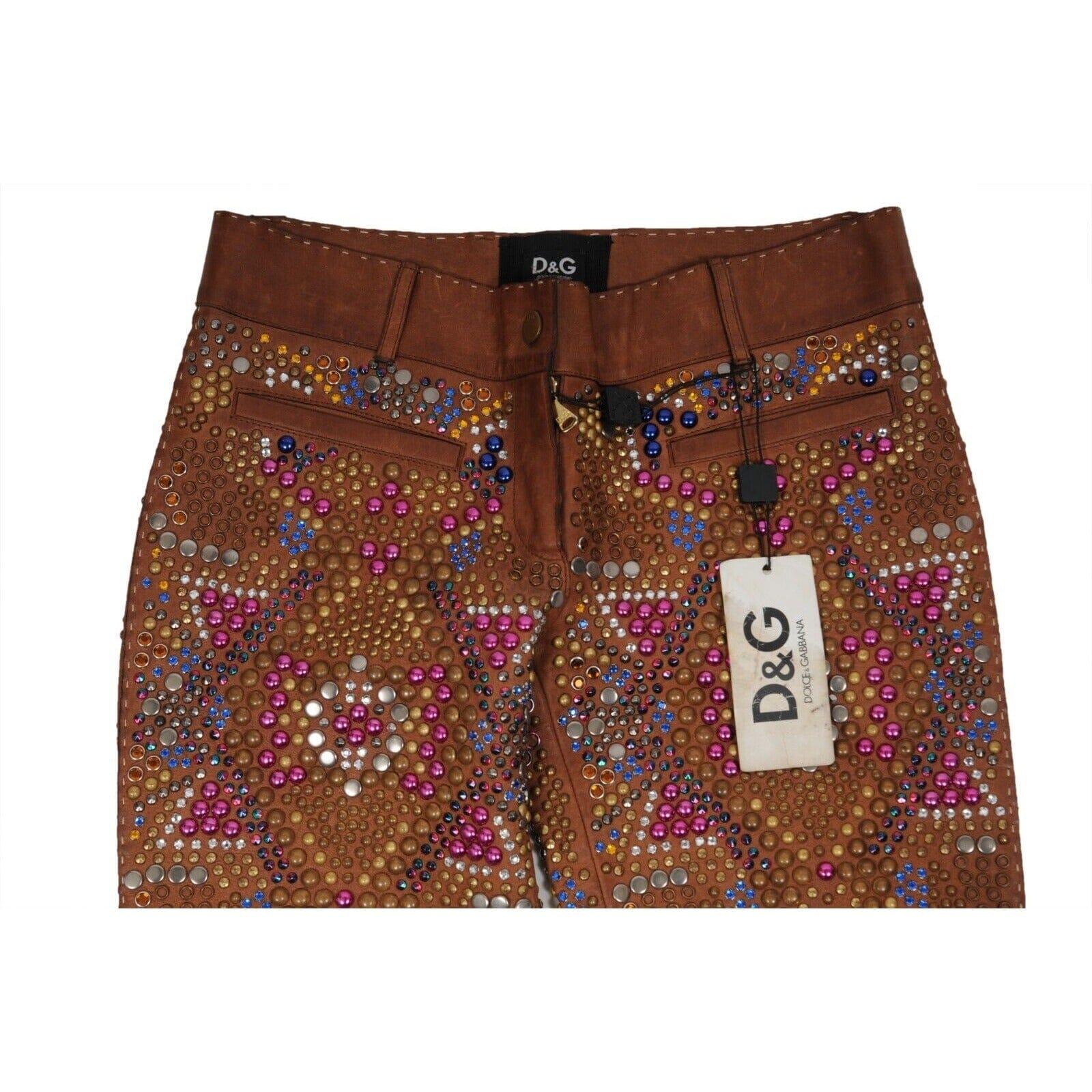 2000 Runway Pantalon évasé en cuir avec ornements US4 IT 40 Marron avec perles en vente 1