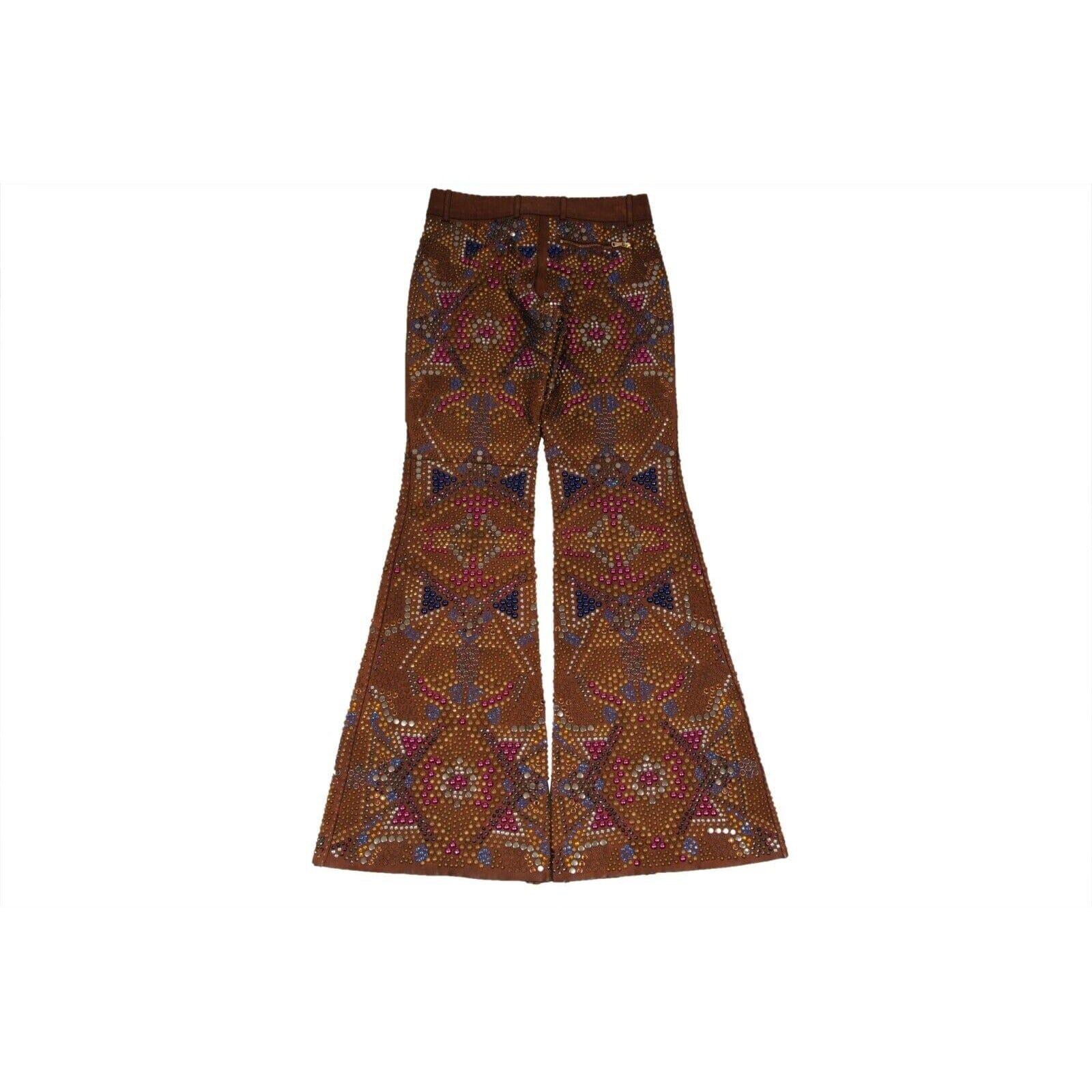 2000 Runway Pantalon évasé en cuir avec ornements US4 IT 40 Marron avec perles Neuf - En vente à North Miami, FL