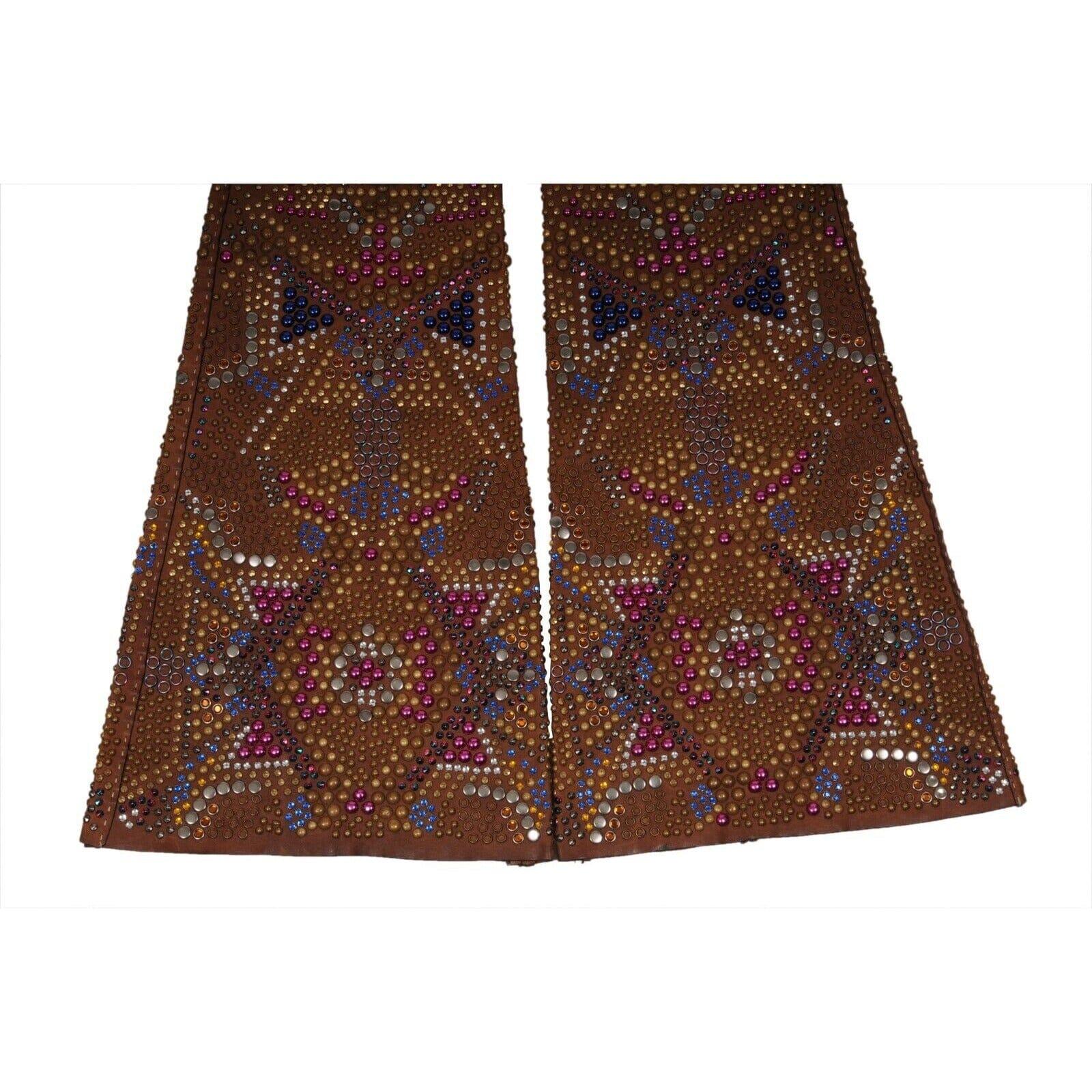 2000 Runway Pantalon évasé en cuir avec ornements US4 IT 40 Marron avec perles en vente 3