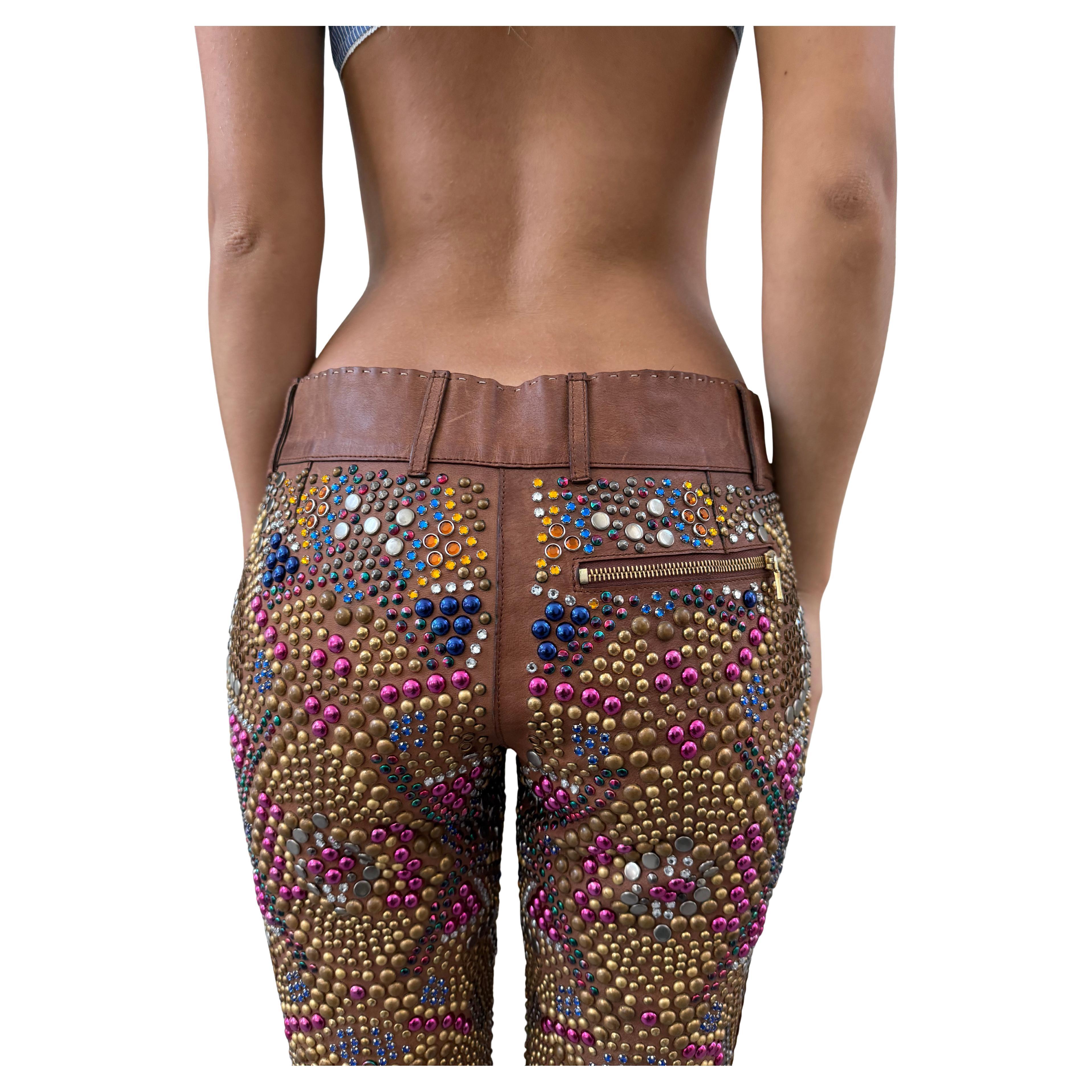 2000's Runway Verschönert Ausgestellte Lederhose US4 IT 40 Braun Perlen