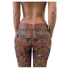 2000's Runway Verschönert Ausgestellte Lederhose US4 IT 40 Braun Perlen