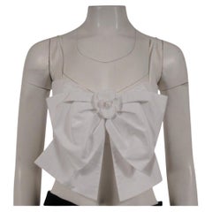 Chanel Camelia Flower Pin Bow Strap Corset Top Size FR 40 White CC Logo Cotton
