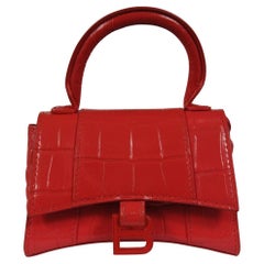 Balenciaga Women Mini Hourglasss XS Nano Bag Red Crocodile Embossed Leather