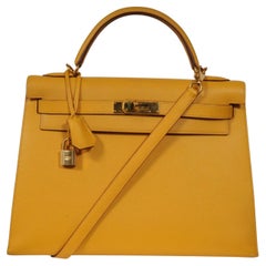 Hermes Kelly 32 Sellier Jaune Ambre Gold Hardware Vintage 2000 Crossbody